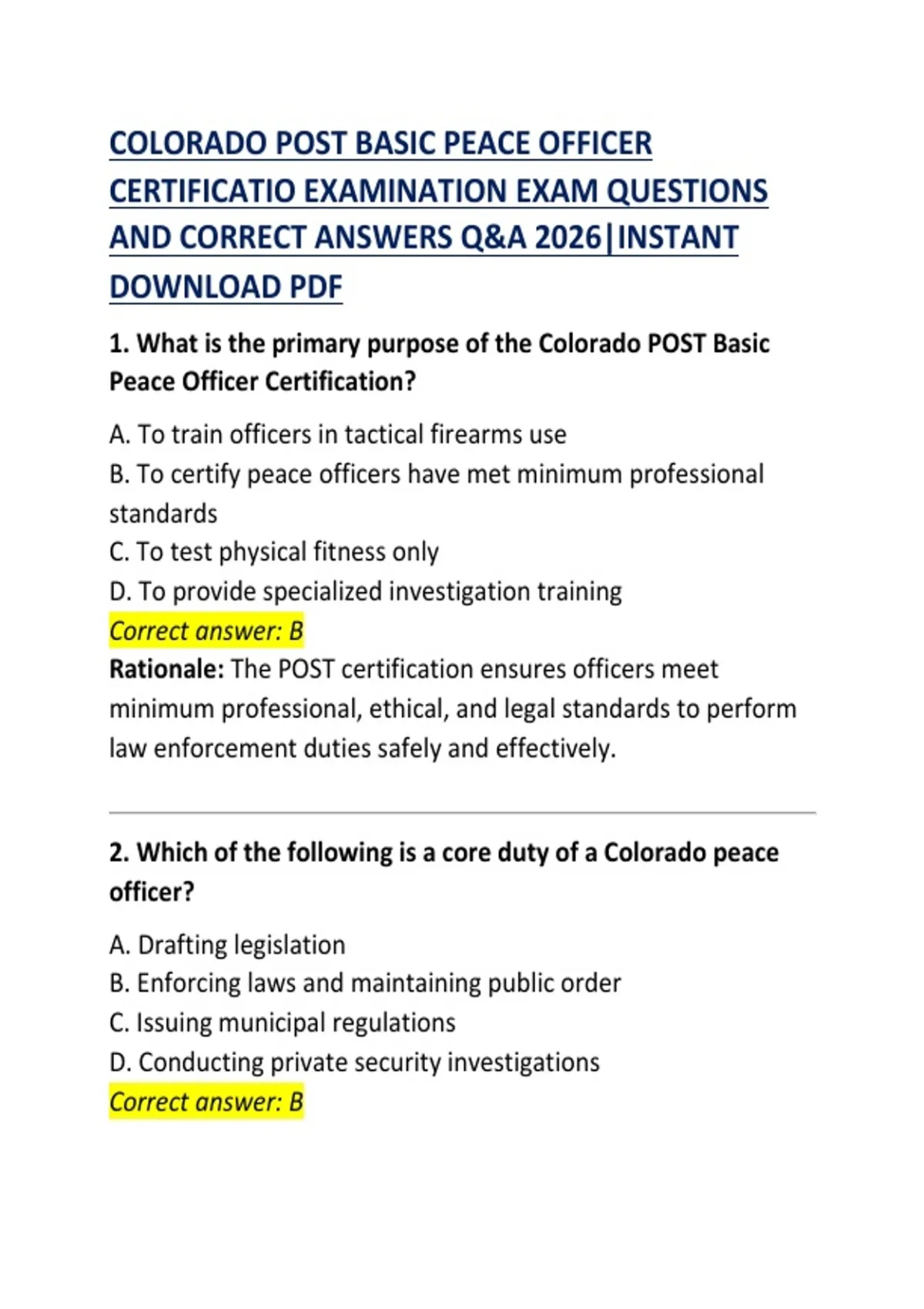 Colorado POST Basic Peace Officer Certification Examination: Questions ...