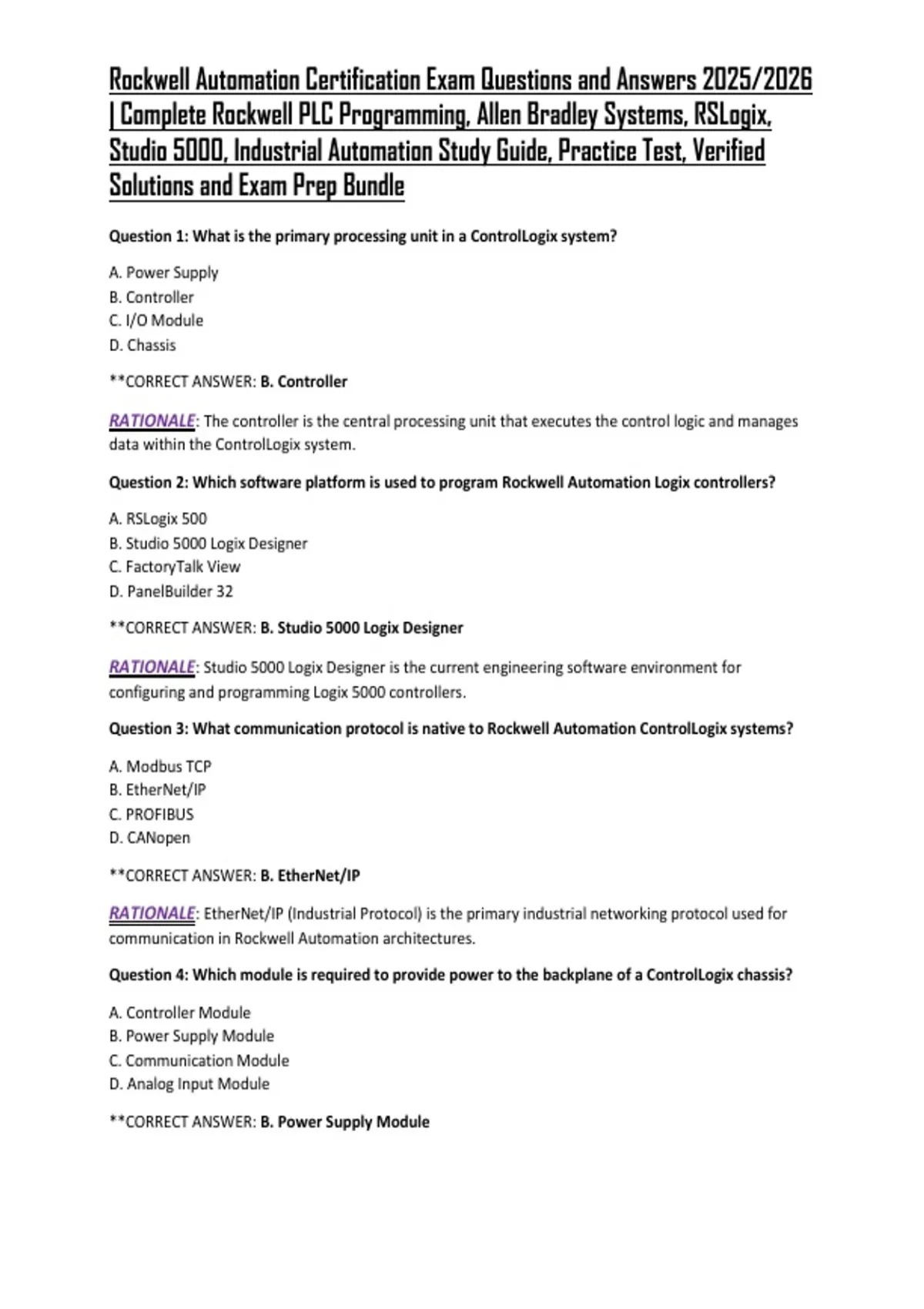 Rockwell Automation Certification Exam Questions and Answers 2025/2026 ...
