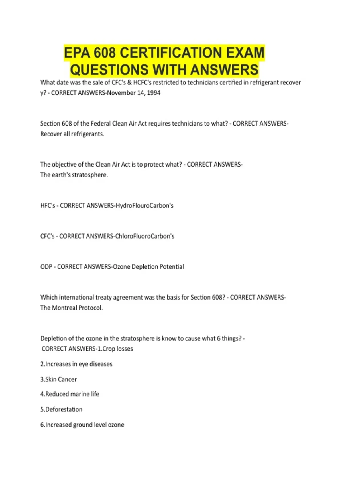 EPA 608 CERTIFICATION EXAM QUESTIONS WITH ANSWERS - EPA 608 Universal ...