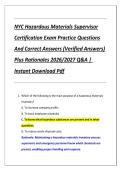 NYC Hazardous Materials Supervisor Certification Exam Practice Questions And Correct Answers &lpar;Verified Answers&rpar; Plus Rationales 2026&sol;2027 Q&A &vert; Instant Download Pdf