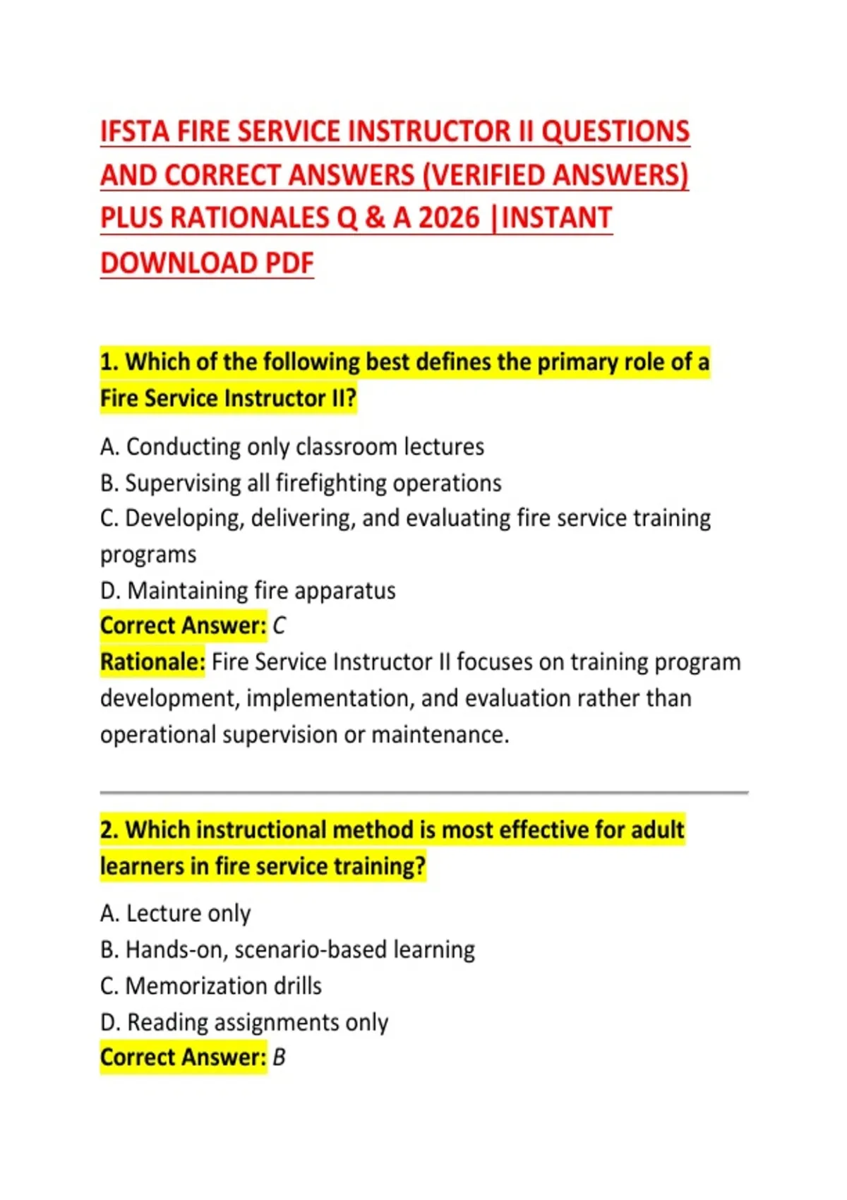 Fire Instructor Ii Practical Examples IFSTA Fire Service Instructor II Certification Exam Questions and ...
