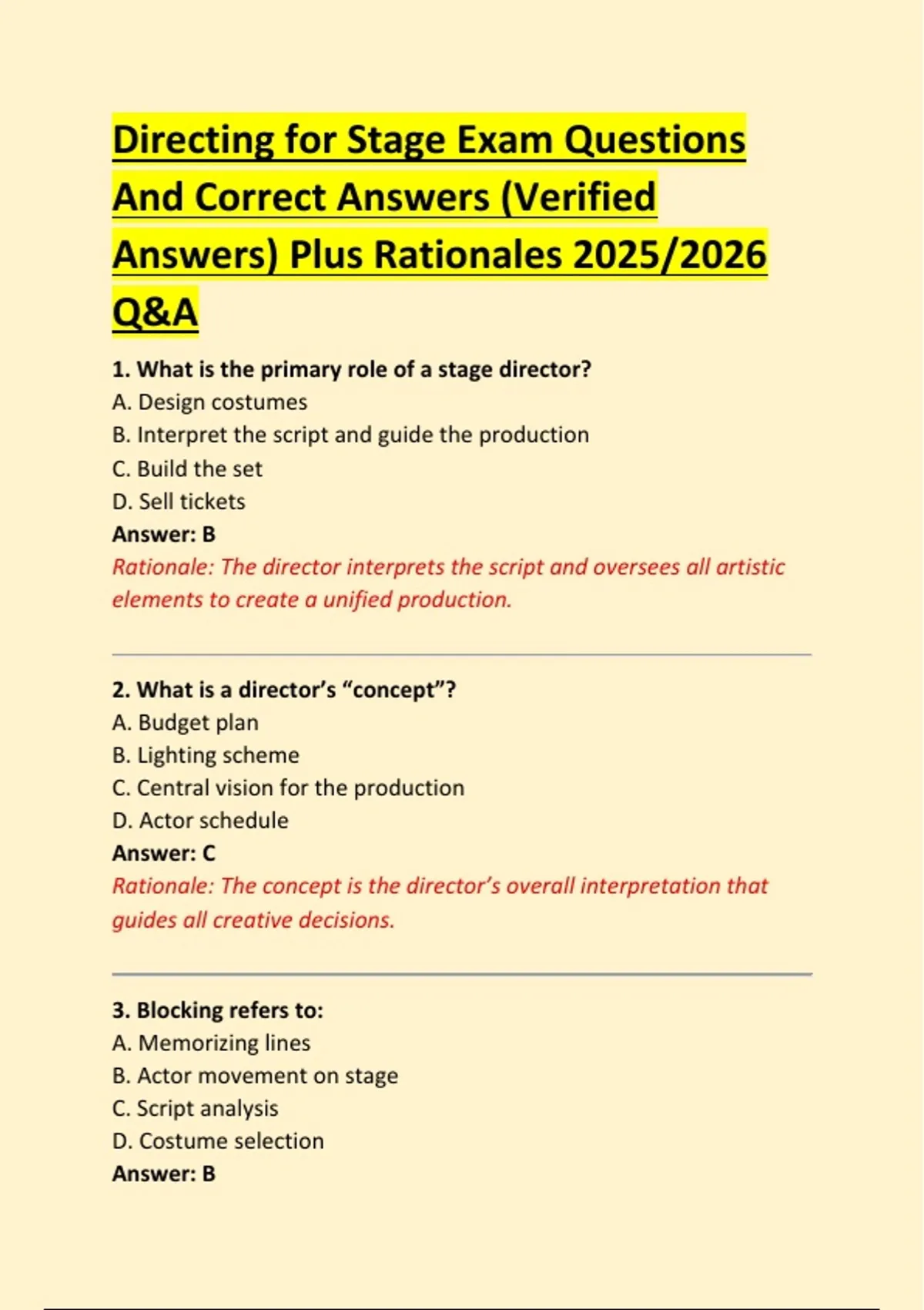 Directing Questions Directing for Stage Exam Questions And Correct Answers (Verified ...