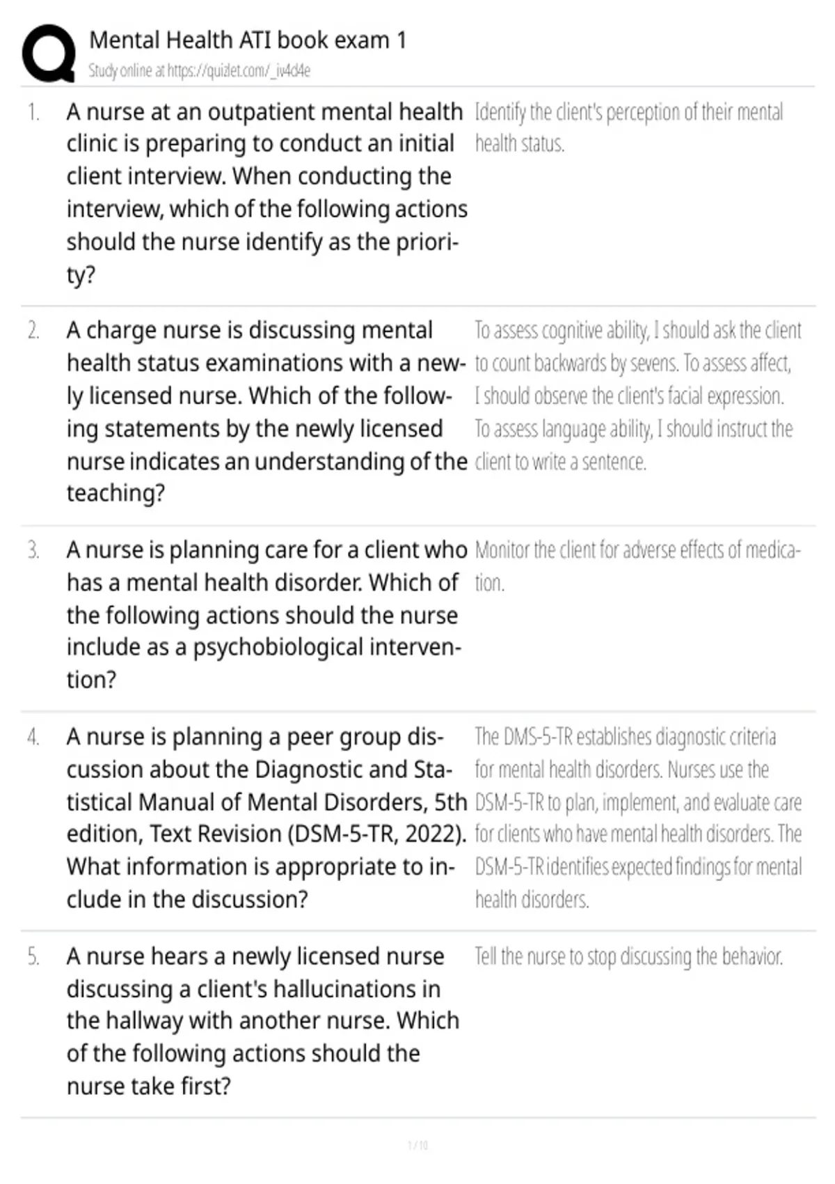 Mental Health ATI Exam 1 | Study Guide & Practice Questions - Mental ...