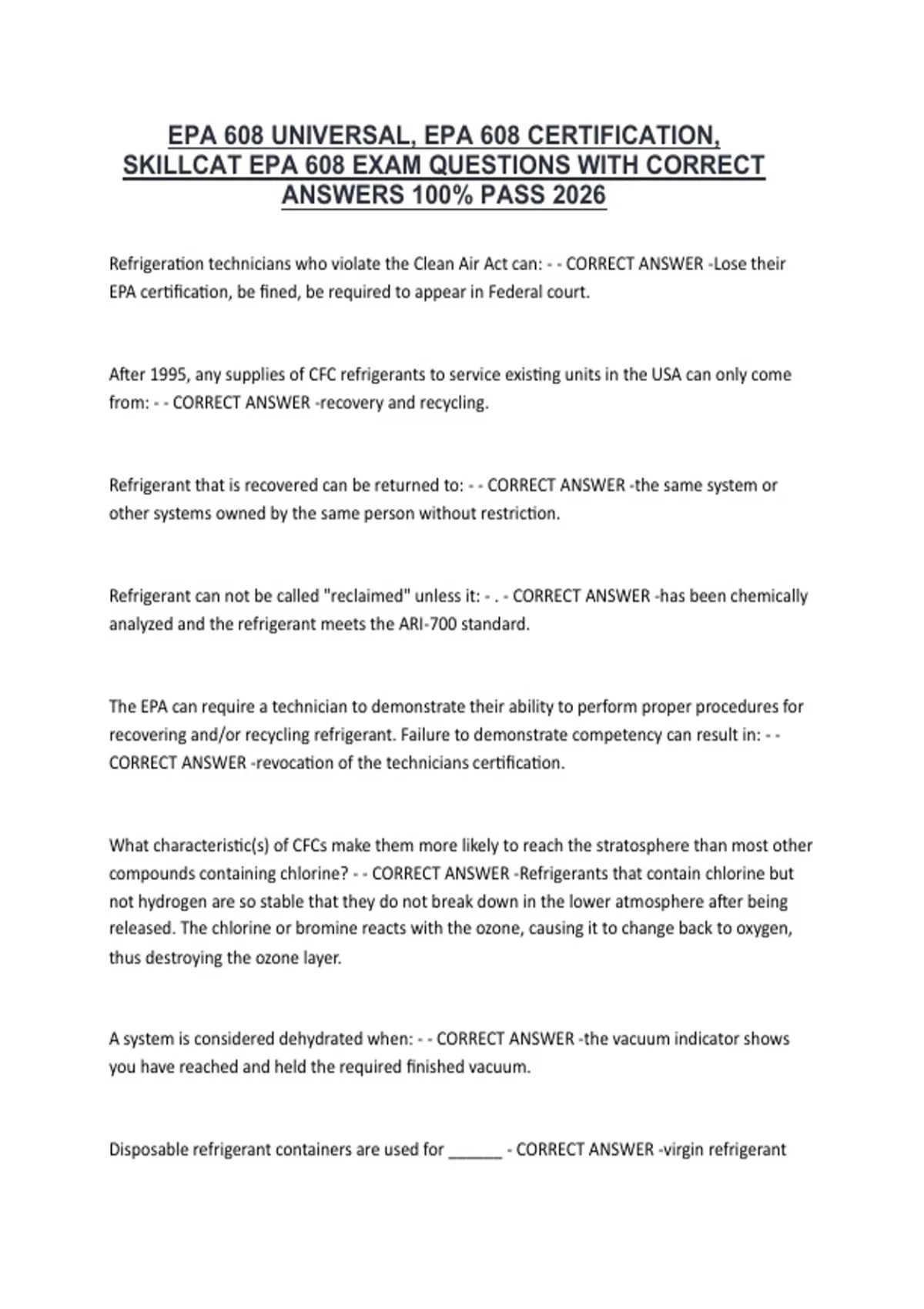 EPA 608 UNIVERSAL, EPA 608 CERTIFICATION, SKILLCAT EPA 608 EXAM ...