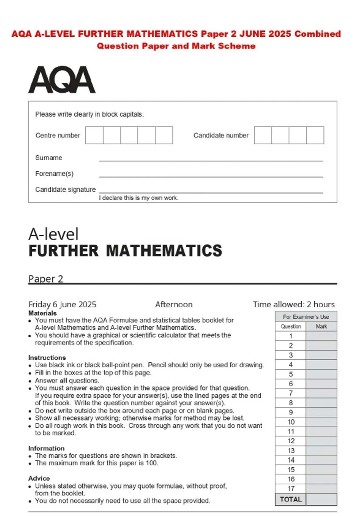 AQA A-LEVEL FURTHER MATHEMATICS Paper 2 JUNE 2025 Combined Question ...