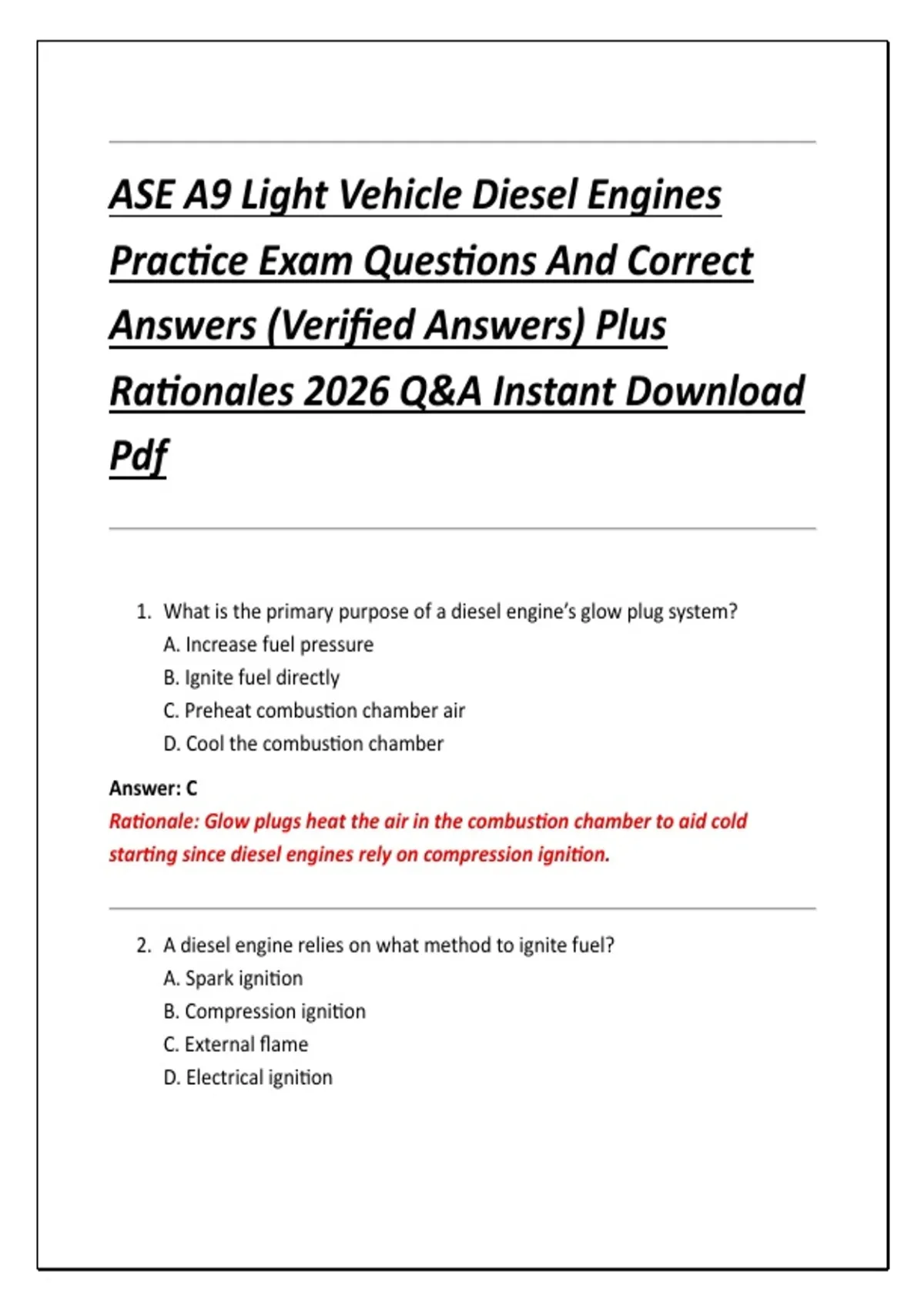 ASE A9 Light Vehicle Diesel Engines Practice Exam Questions And Correct ...