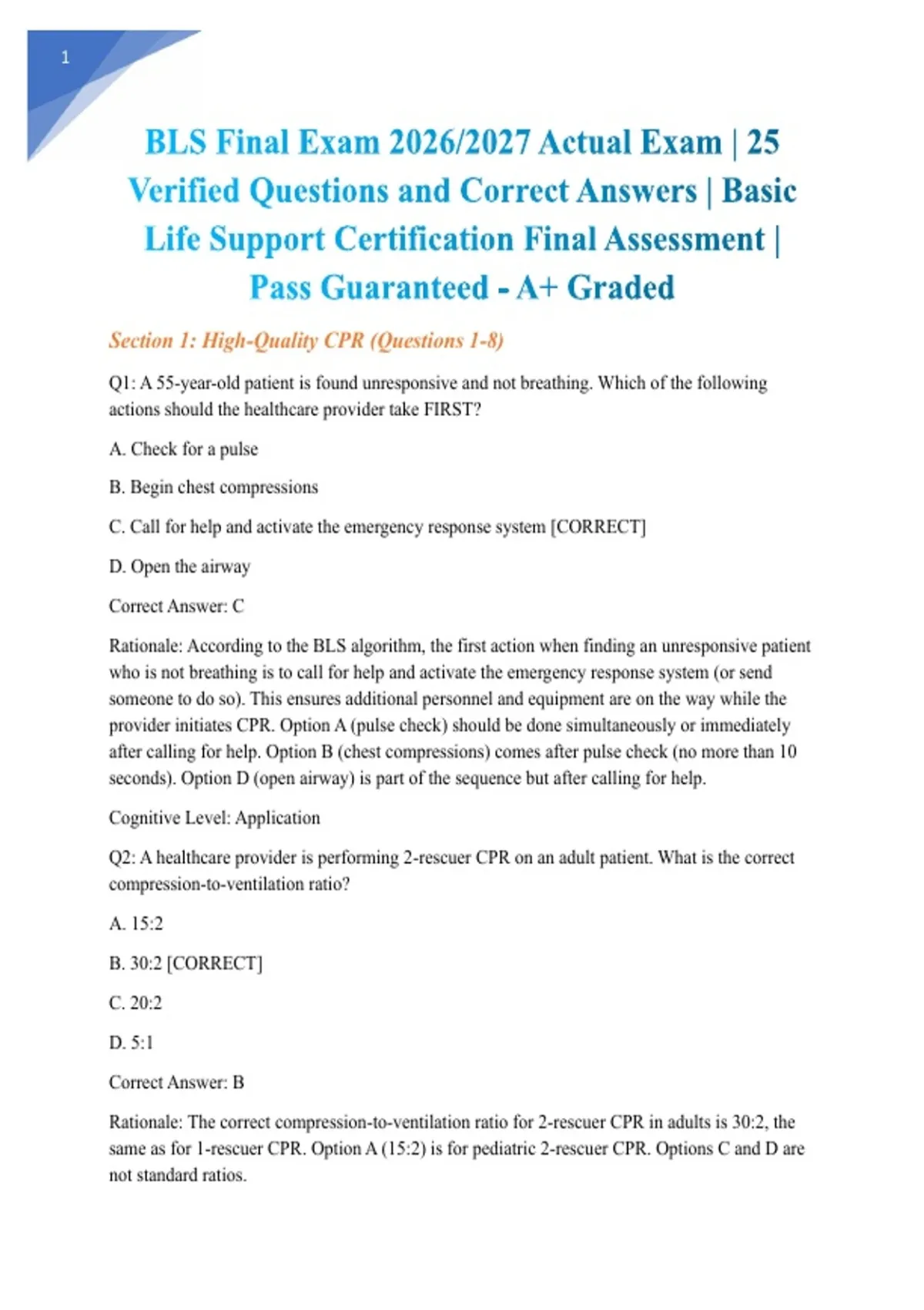 BLS Final Exam 2026/2027 Actual Exam | 25 Verified Questions and ...