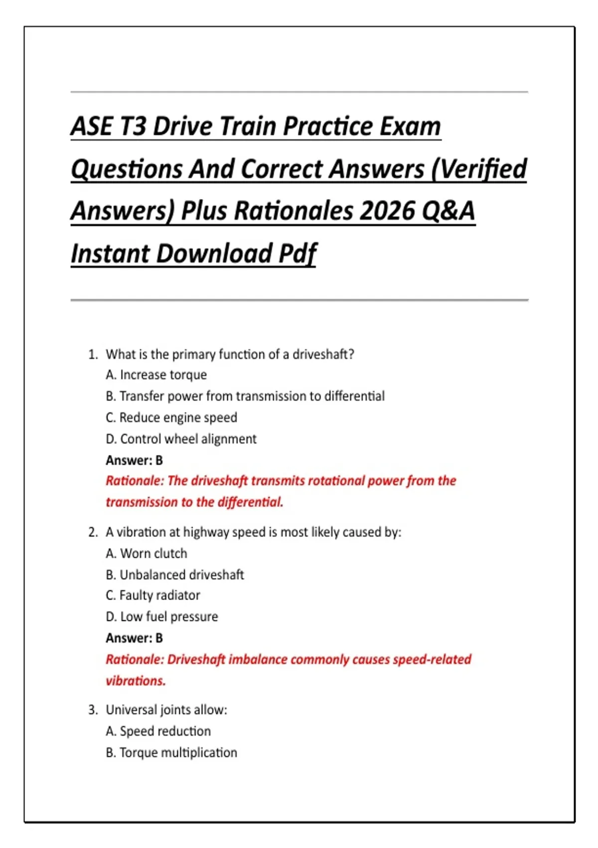 ASE T3 Drive Train Practice Exam Questions And Correct Answers ...