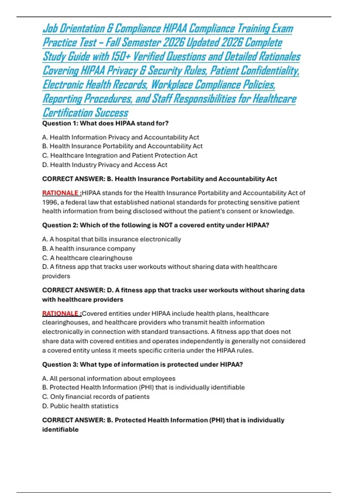 Job Orientation & Compliance HIPAA Compliance Training Exam Practice Test – Fall Semester 2026 ...