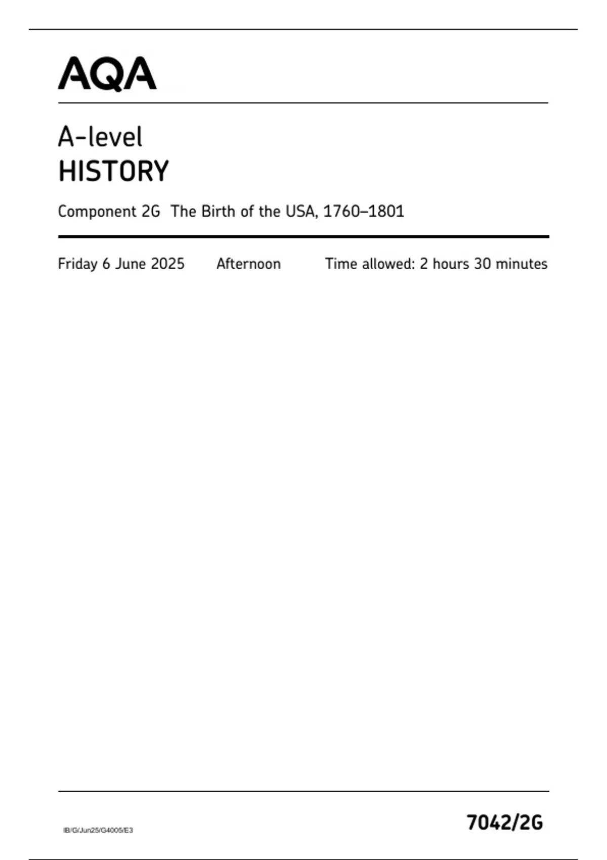 AQA QUESTION PAPER AND MARK SCHEME 2025 A-level HISTORY 7042/2G ...
