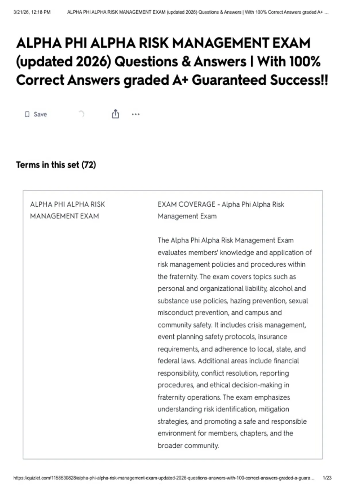ALPHA PHI ALPHA RISK MANAGEMENT EXAM (updated 2026) Questions & Answers ...
