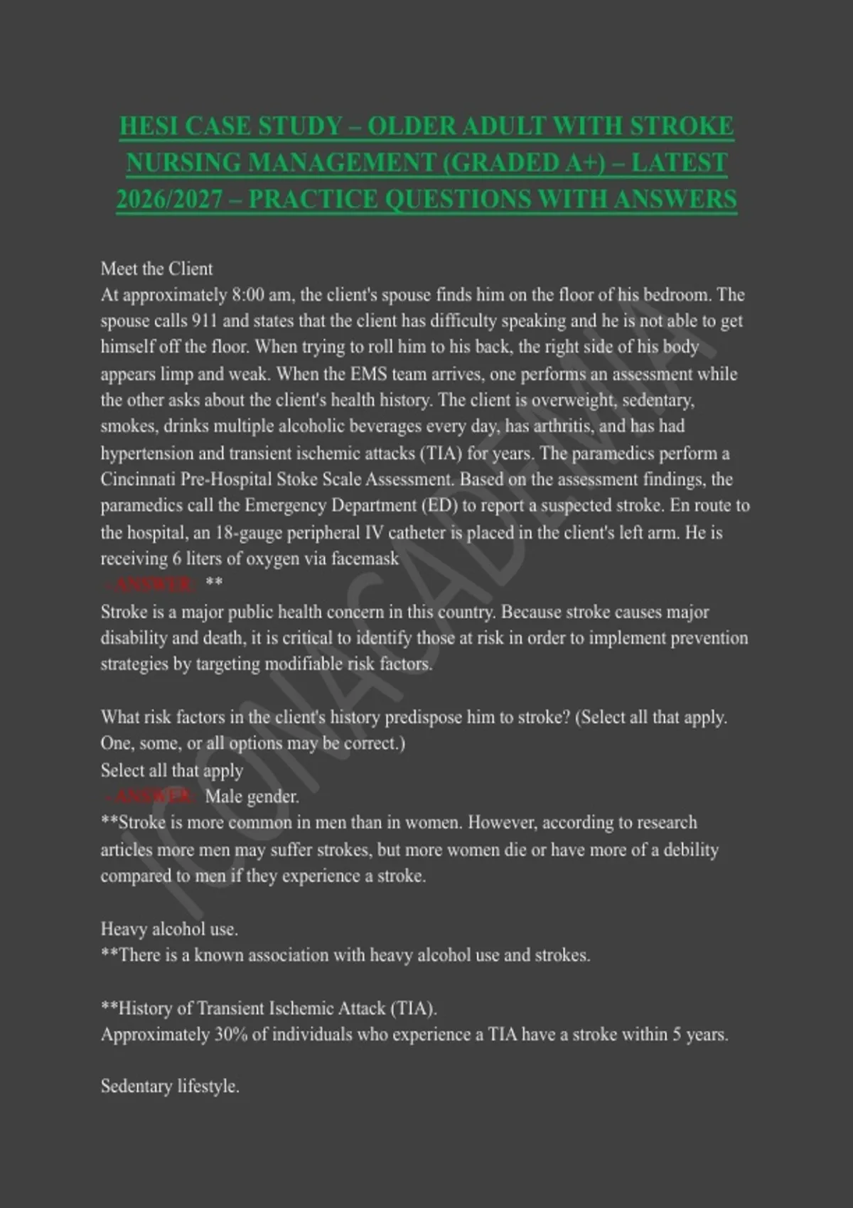 HESI Case Study – Older Adult with Stroke Nursing Management (Graded A+) – Latest 2026/2027 ...
