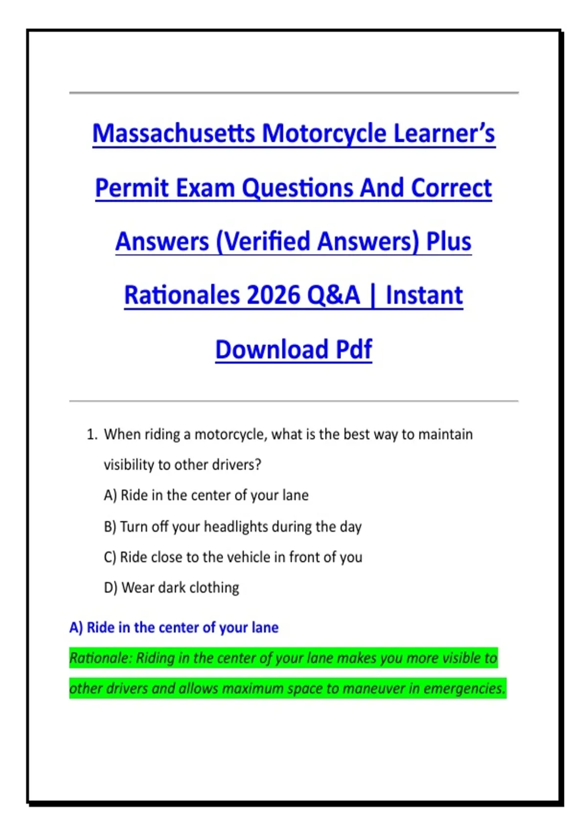Massachusetts Motorcycle Learner’s Permit Exam Questions And Correct Answers (Verified Answers ...