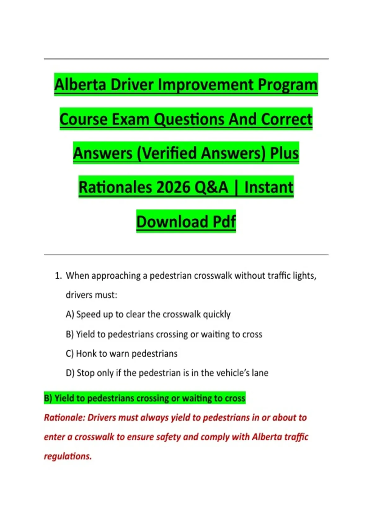 Alberta Driver Improvement Program Course Exam Questions And Correct ...