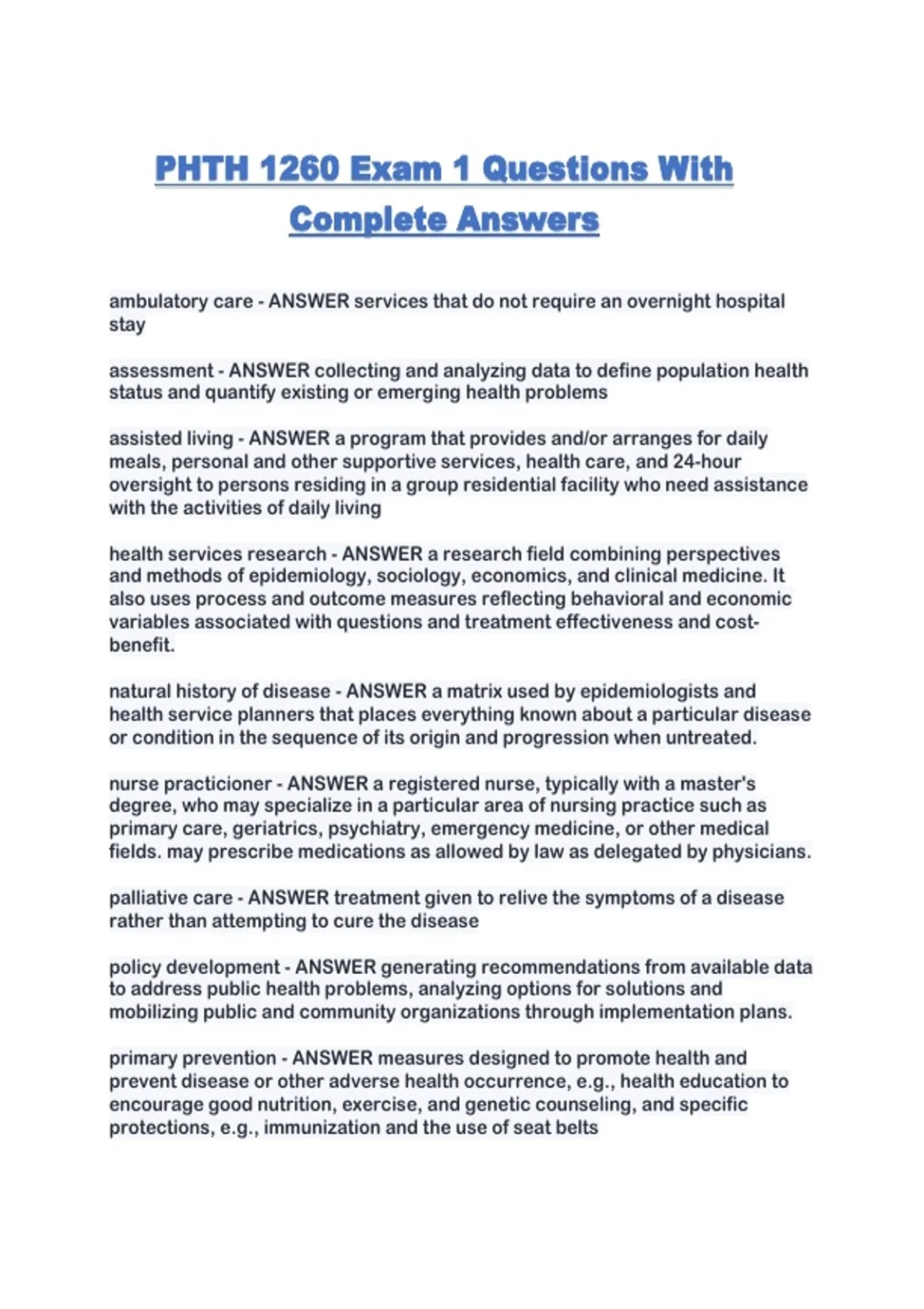 PHTH 1260 Exam 1 Questions With Complete Answers - PHTH 1260 - Stuvia US