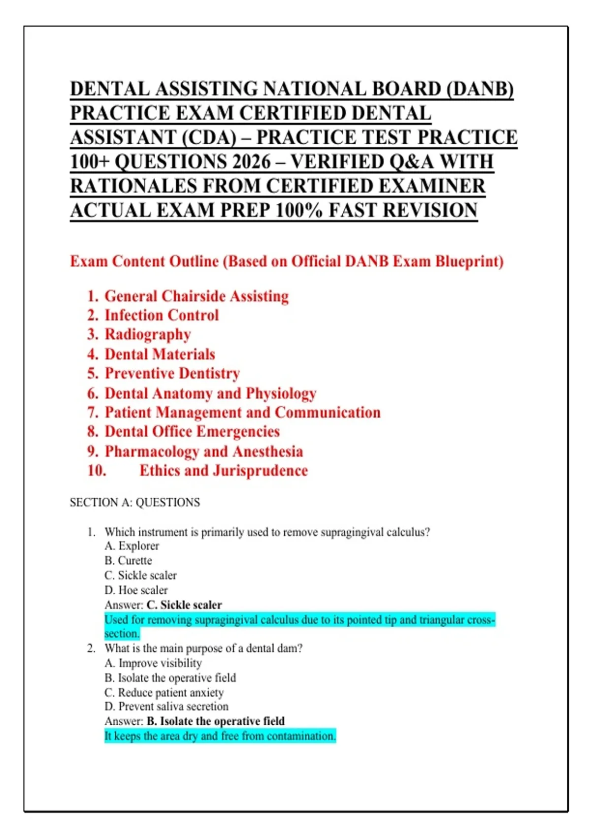DENTAL ASSISTING NATIONAL BOARD (DANB) PRACTICE EXAM CERTIFIED DENTAL ...