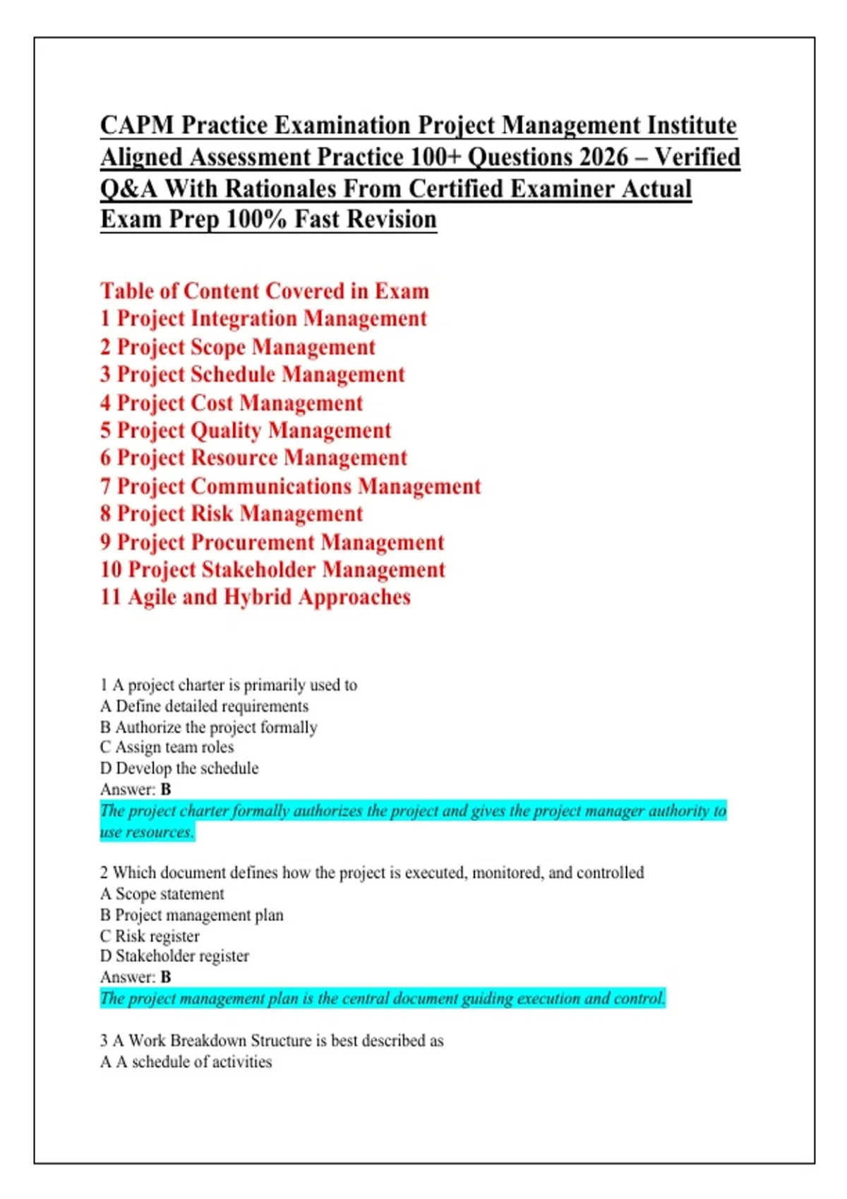CAPM Practice Examination Project Management Institute Aligned ...