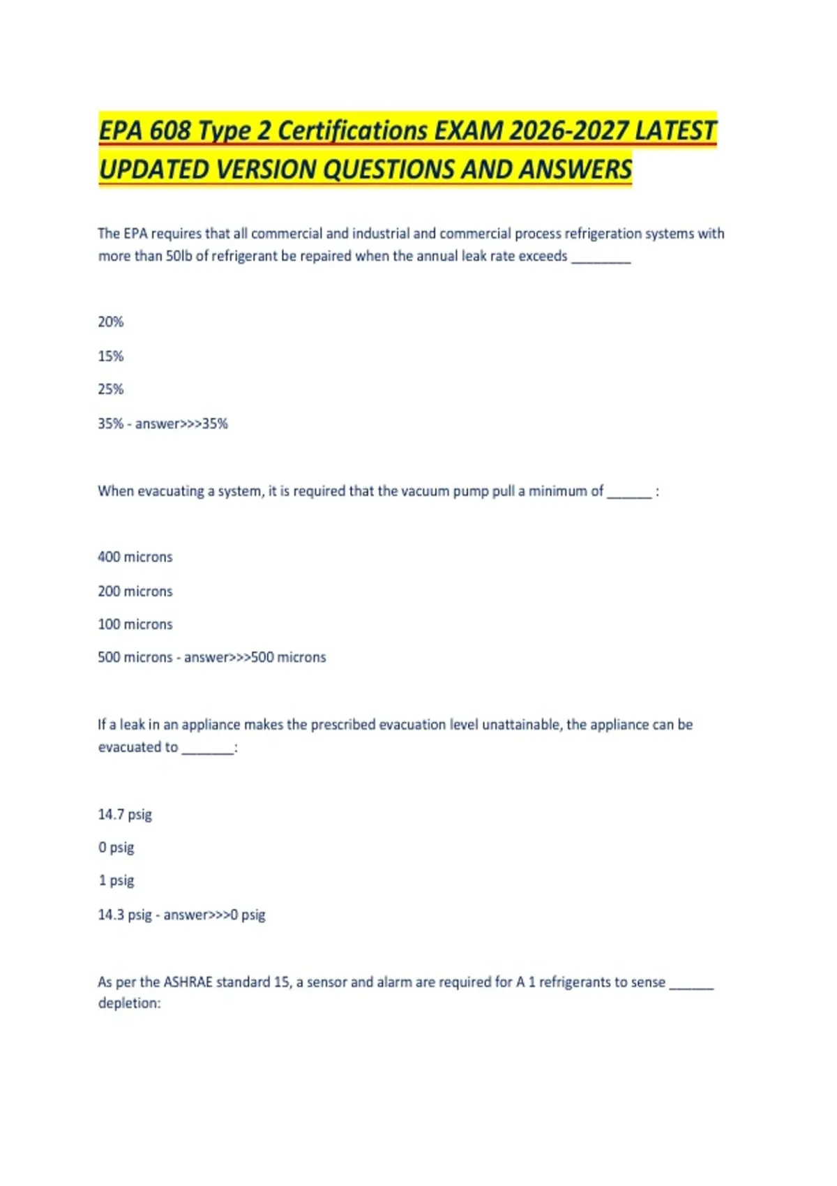 EPA 608 Type 2 Certifications EXAM LATEST UPDATED VERSION QUESTIONS AND ...