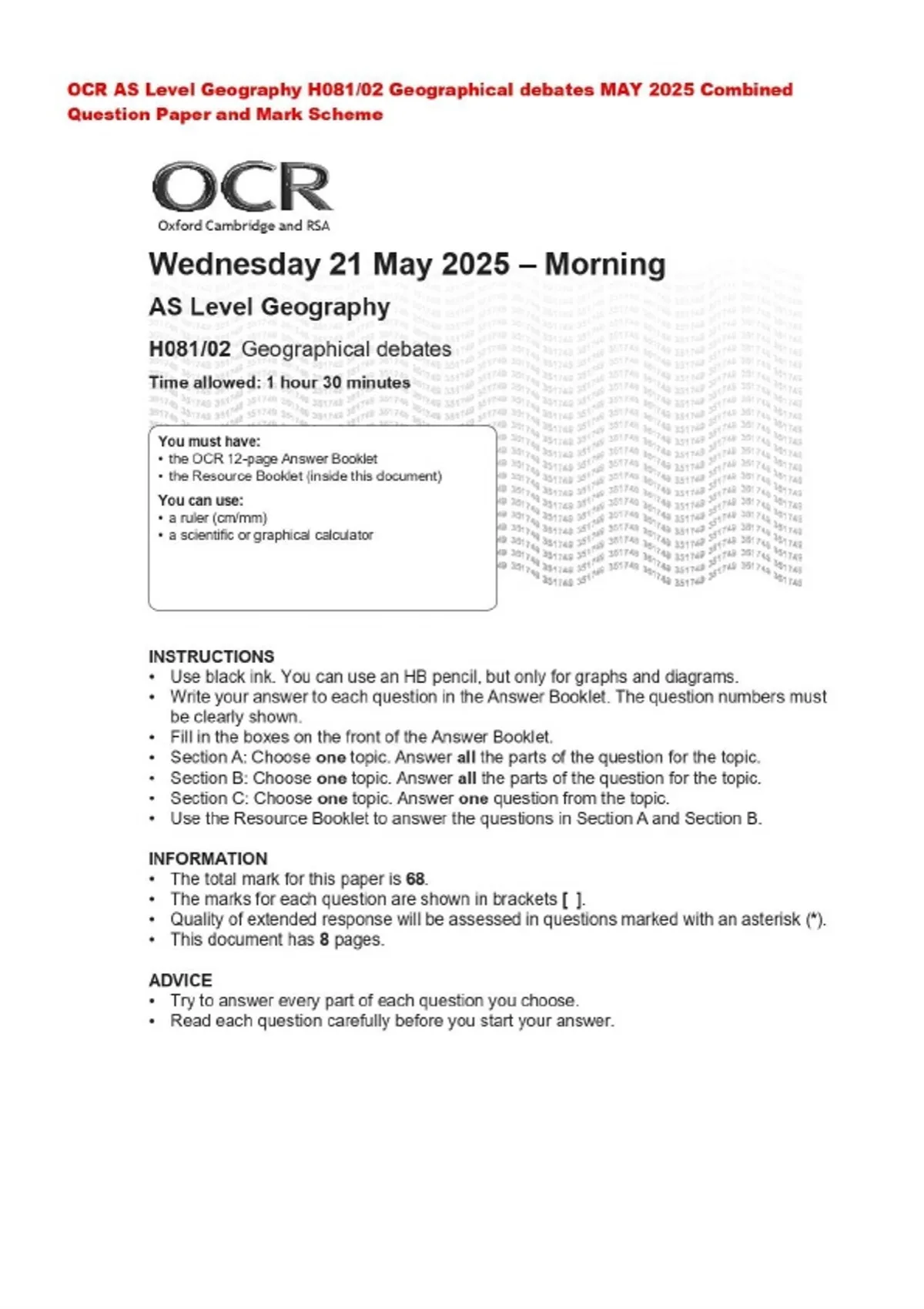OCR AS Level Geography H081/02 Geographical debates MAY 2025 Combined ...