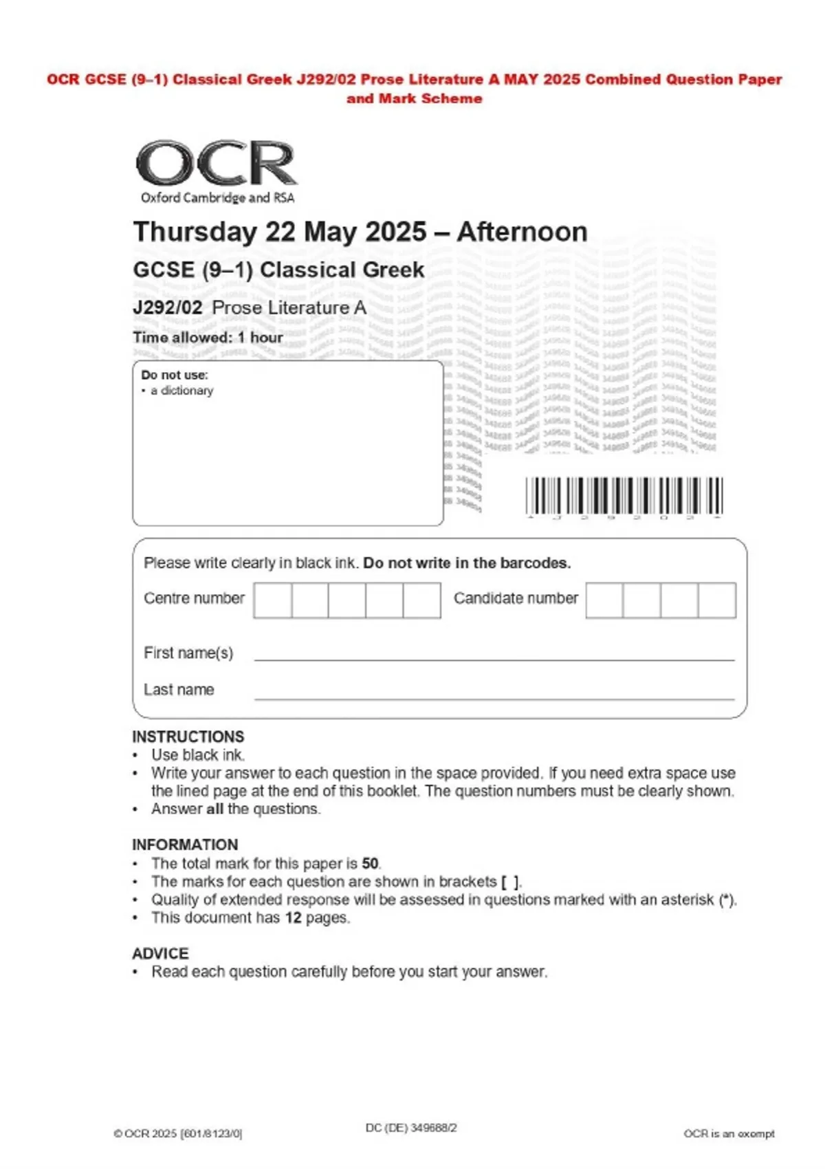 OCR GCSE (9–1) Classical Greek J292/01 Language MAY 2025 Combined ...