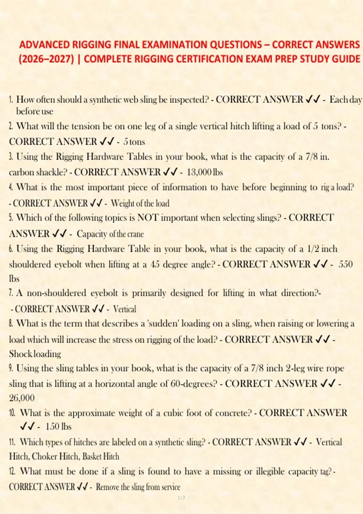 ADVANCED RIGGING FINAL EXAMINATION QUESTIONS – CORRECT ANSWERS (2026 ...