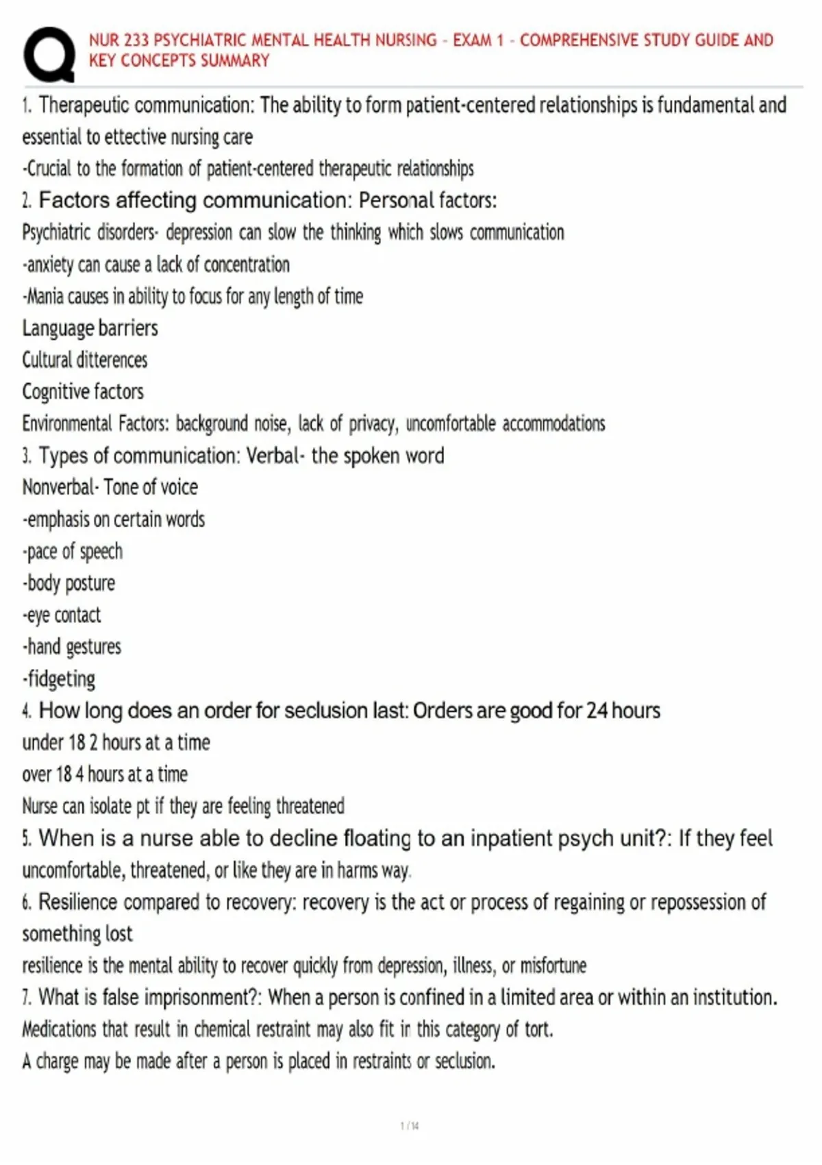 NUR 233 PSYCHIATRIC MENTAL HEALTH NURSING – EXAM 1 – COMPREHENSIVE ...