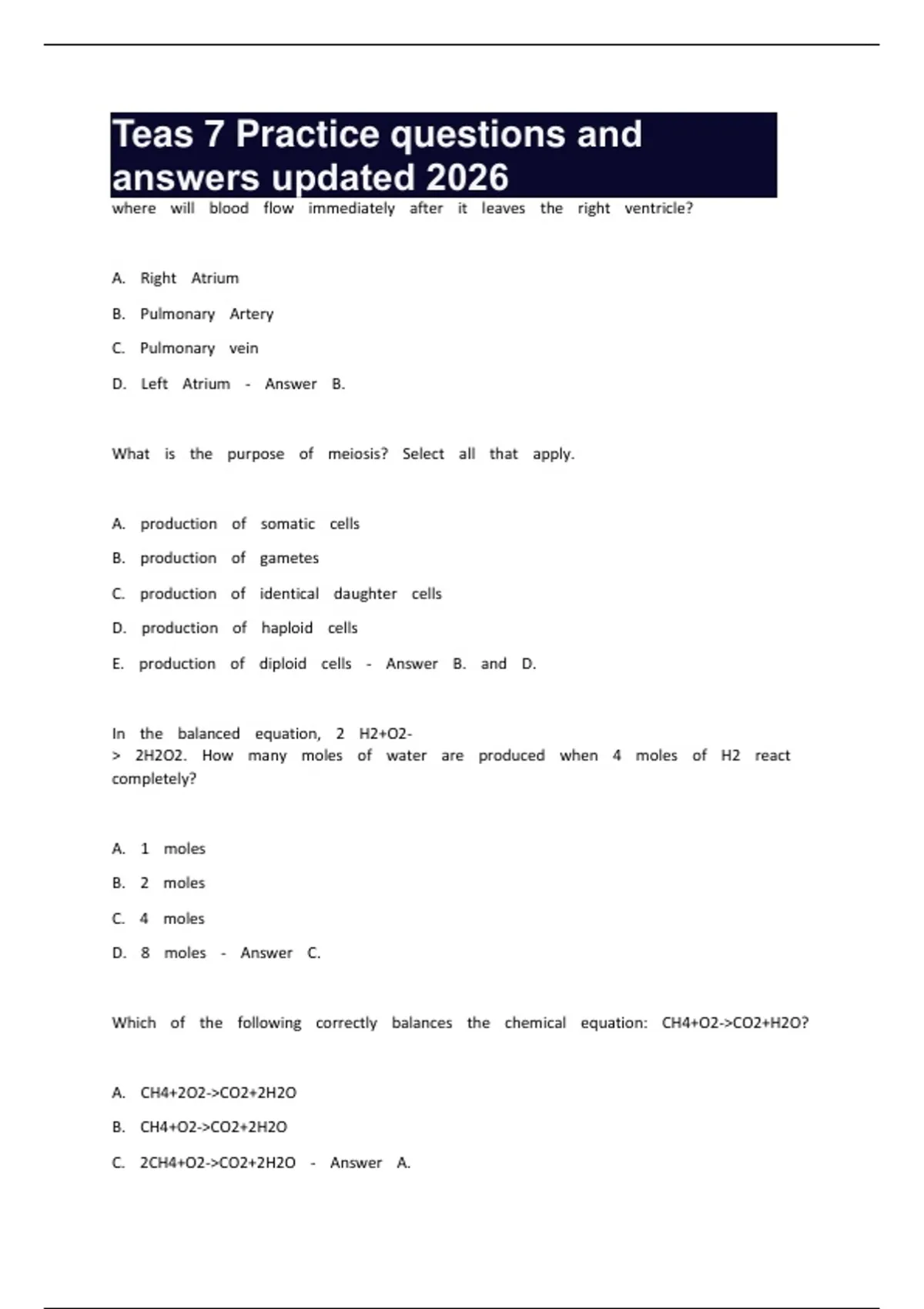 Teas 7 Practice questions and answers updated 2026 - ATI TEAS 7 - Stuvia US