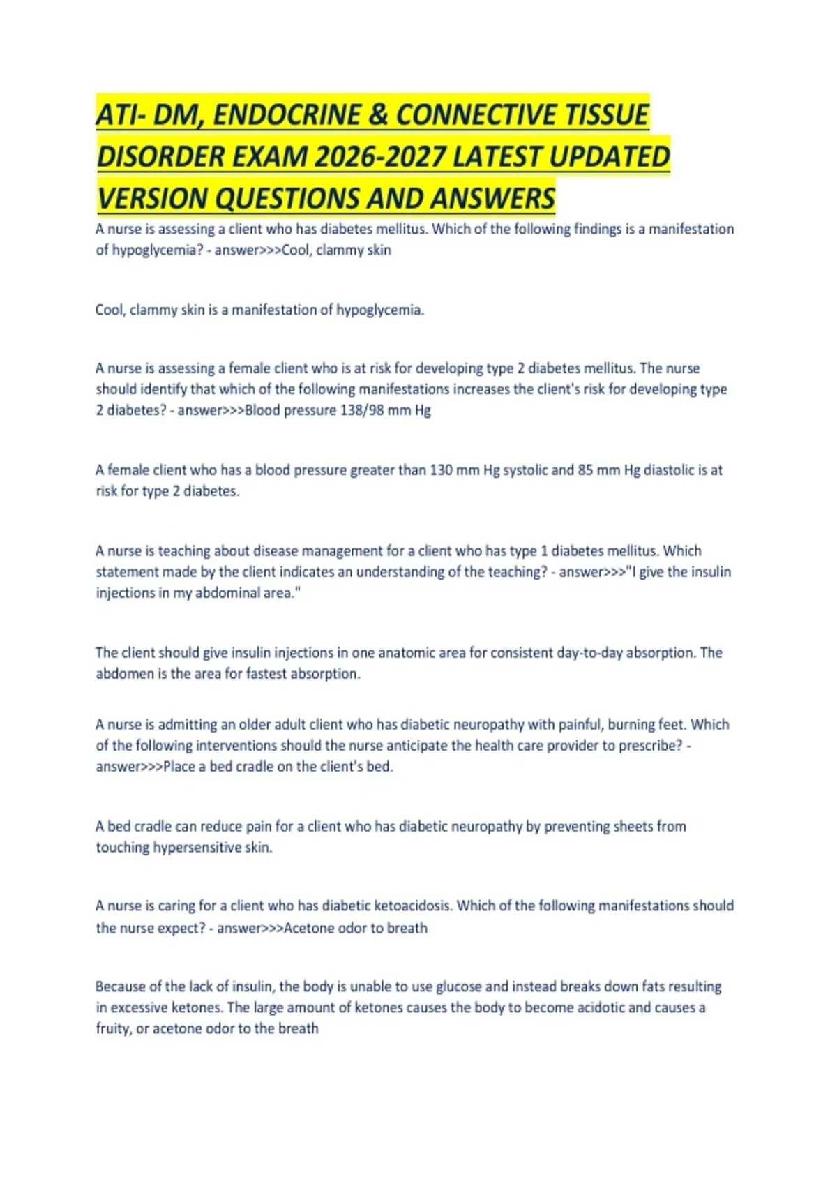 ATI- DM, ENDOCRINE & CONNECTIVE TISSUE DISORDER EXAM LATEST UPDATED ...
