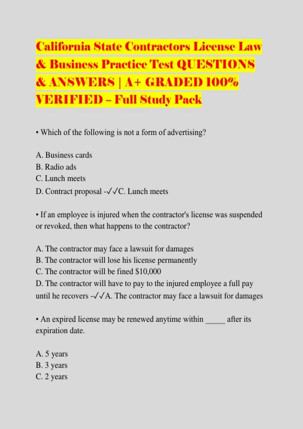 California State Contractors License Law & Business Practice Test QUESTIONS & ANSWERS | A+ ...