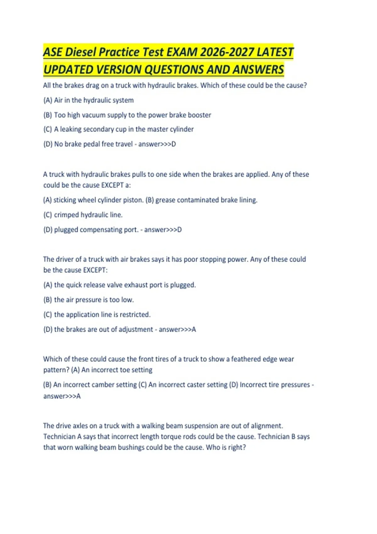 ASE Diesel Practice Test EXAM LATEST UPDATED VERSION QUESTIONS AND ...