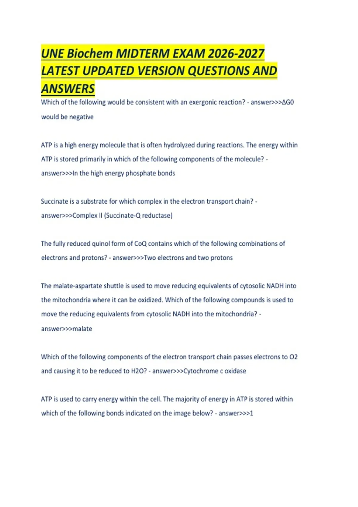 UNE Biochem MIDTERM EXAM LATEST UPDATED VERSION QUESTIONS AND ANSWERS ...