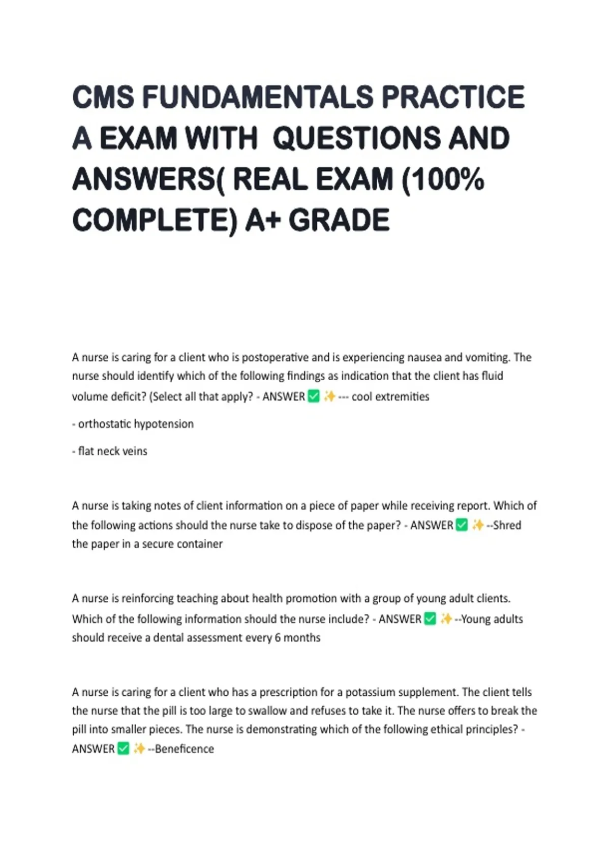 CMS FUNDAMENTALS PRACTICE A EXAM WITH QUESTIONS AND ANSWERS( REAL EXAM ...