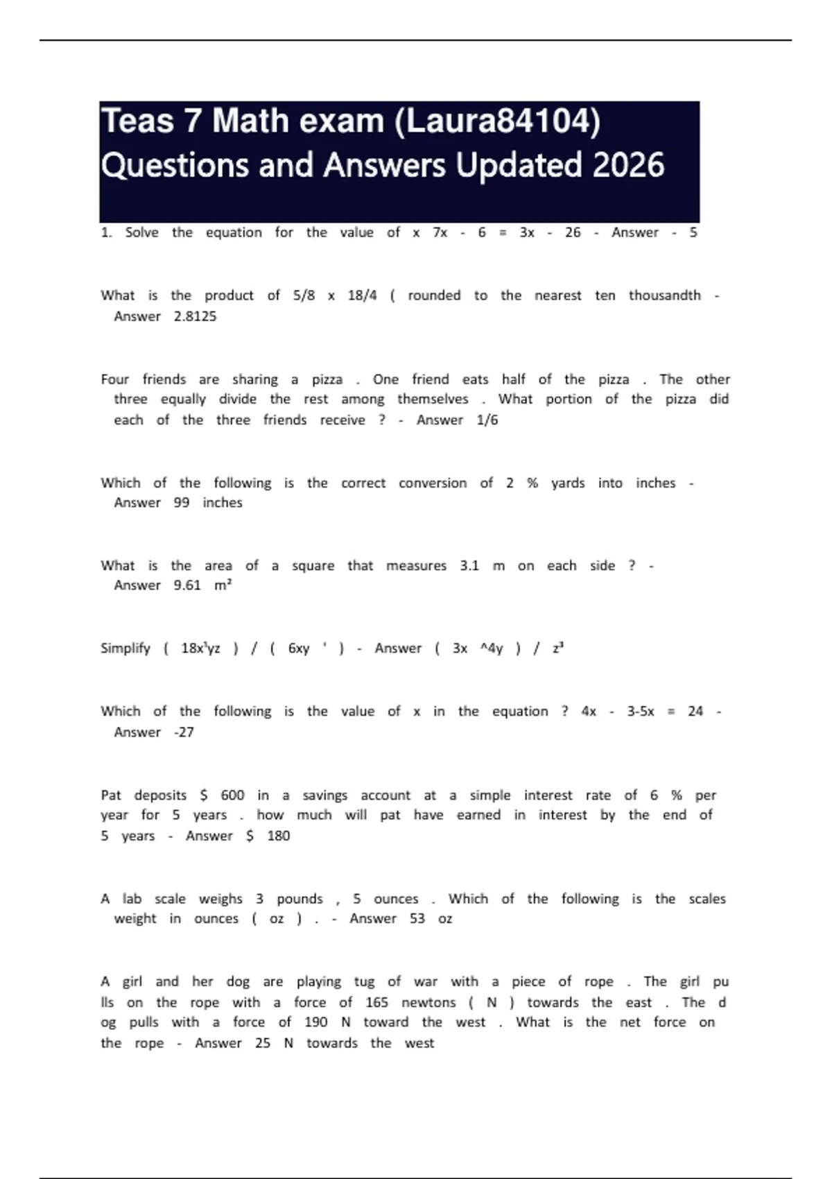 Teas 7 Math exam (Laura84104) Questions and Answers Updated 2026 - ATI ...