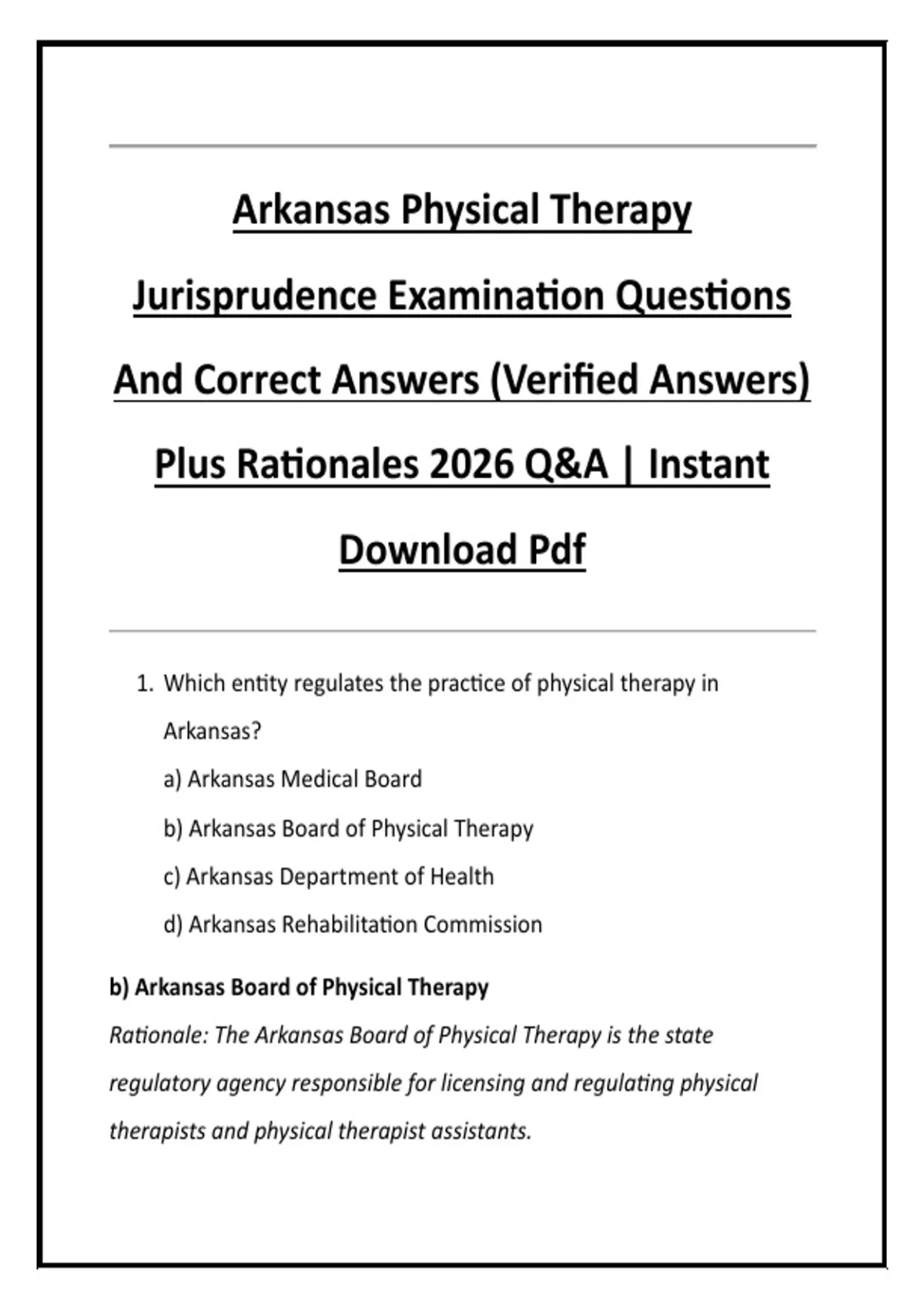 Arkansas Physical Therapy Jurisprudence Examination Questions And Correct Answers (Verified ...