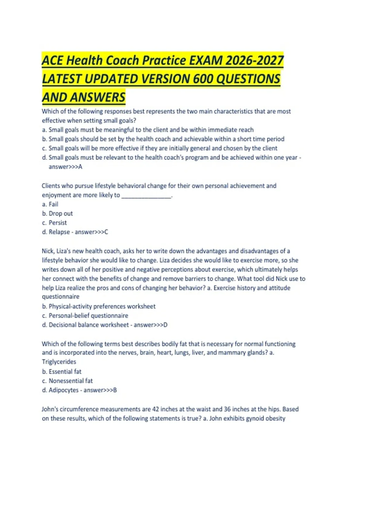 ACE Health Coach Practice EXAM LATEST UPDATED VERSION 600 QUESTIONS AND ...