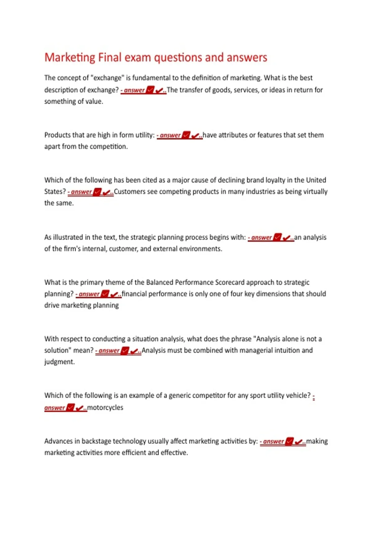 Marketing Final exam questions and answers The concept of "exchange" is ...