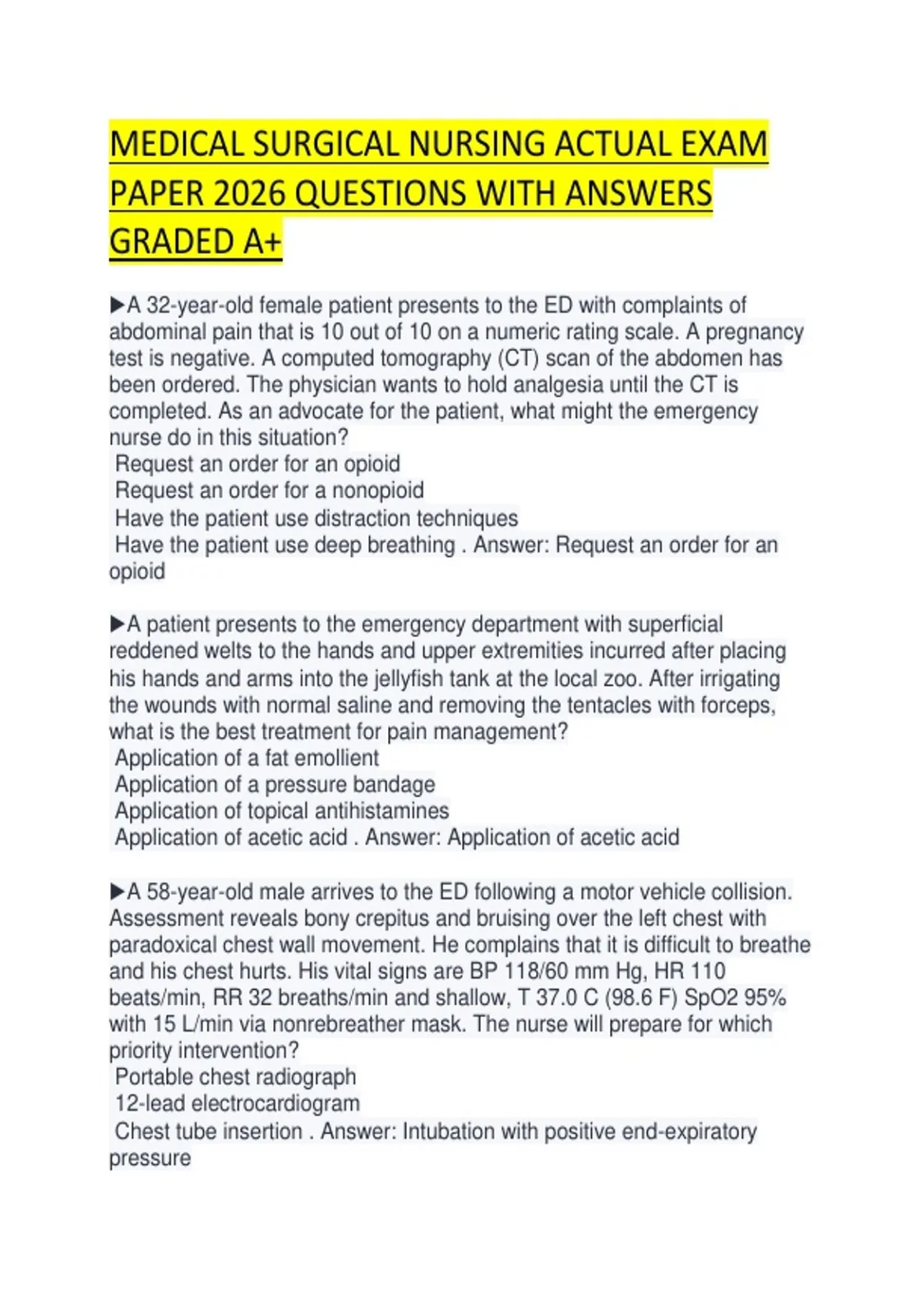 MEDICAL SURGICAL NURSING ACTUAL EXAM PAPER 2026 QUESTIONS WITH ANSWERS ...