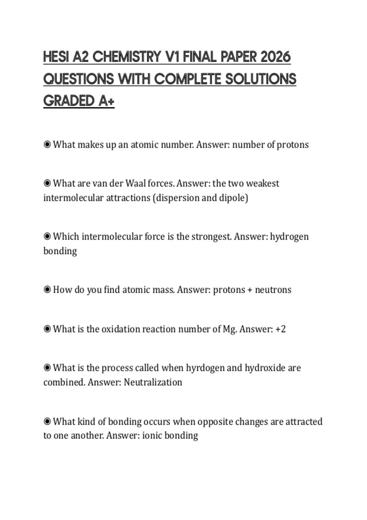 HESI A2 CHEMISTRY V1 FINAL PAPER 2026 QUESTIONS WITH COMPLETE SOLUTIONS ...