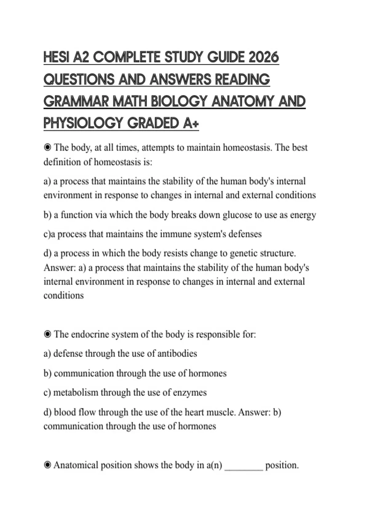 HESI A2 COMPLETE STUDY GUIDE 2026 QUESTIONS AND ANSWERS READING GRAMMAR ...