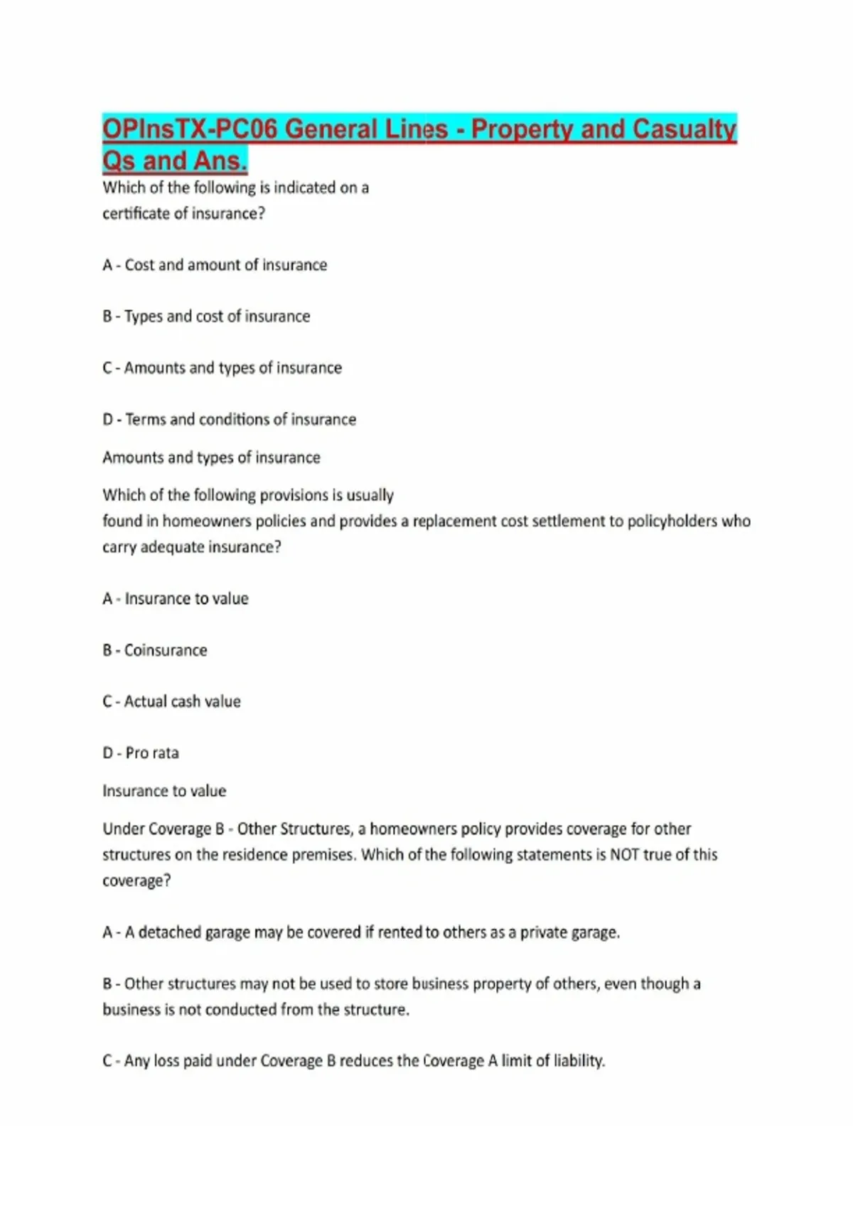 OPInsTX-PC06 General Lines - Property and Casualty Qs and Ans. - OPInsTX-PC06 General Lines ...