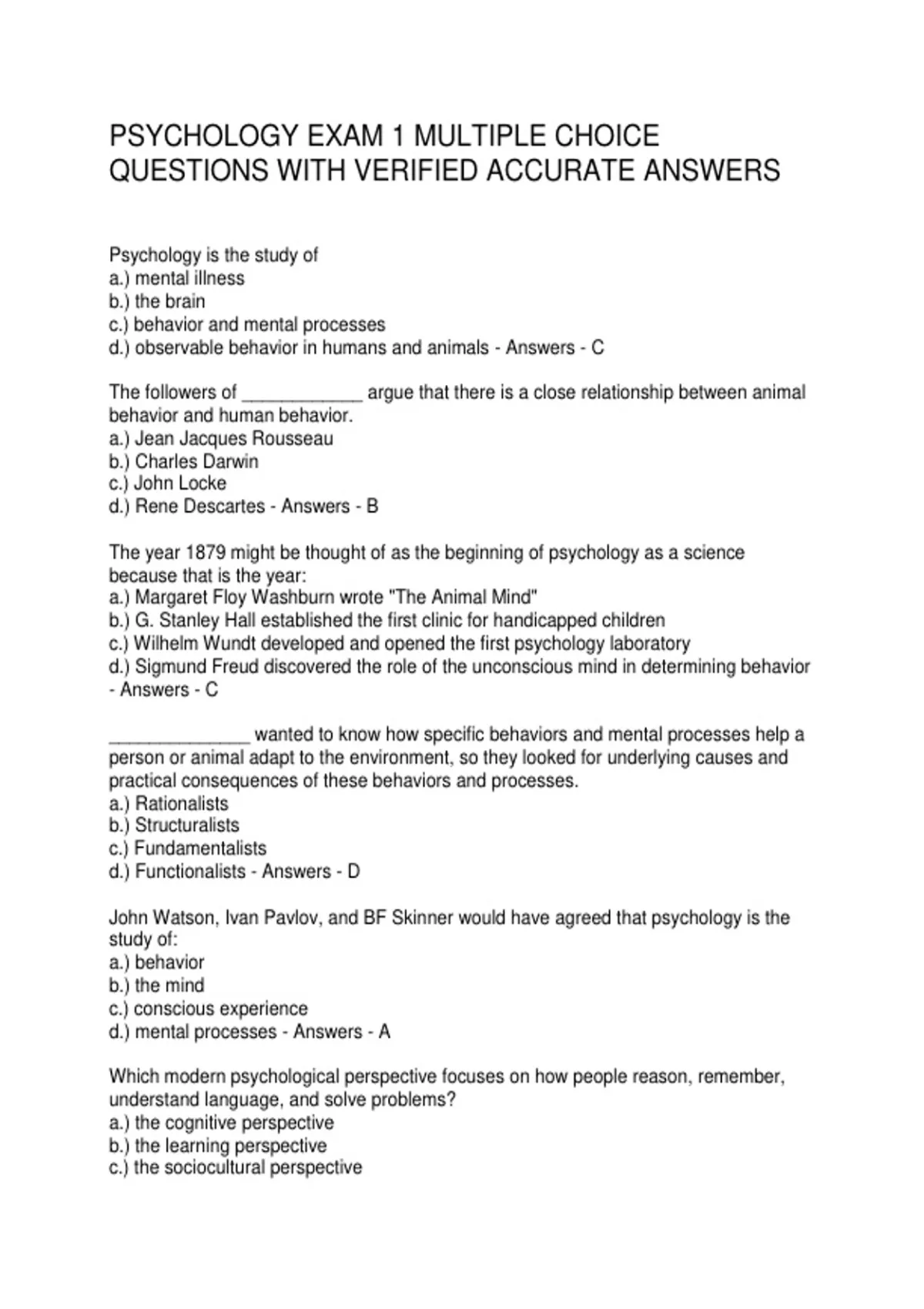 PSYCHOLOGY EXAM 1 MULTIPLE CHOICE QUESTIONS WITH VERIFIED ACCURATE ...