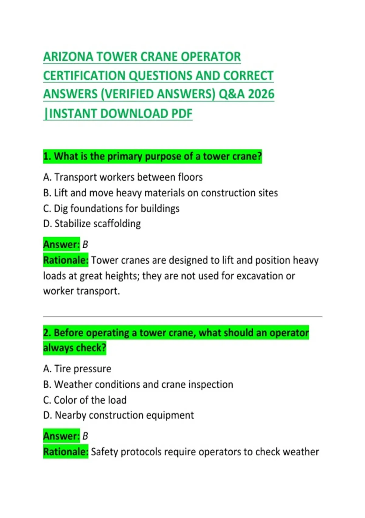 Arizona Tower Crane Operator Certification Exam Questions & Answers ...