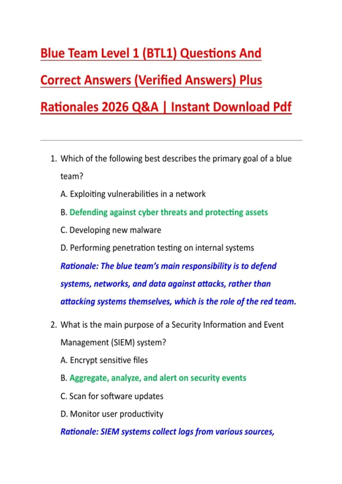 Blue Team Level 1 (BTL1) Questions And Correct Answers (Verified ...