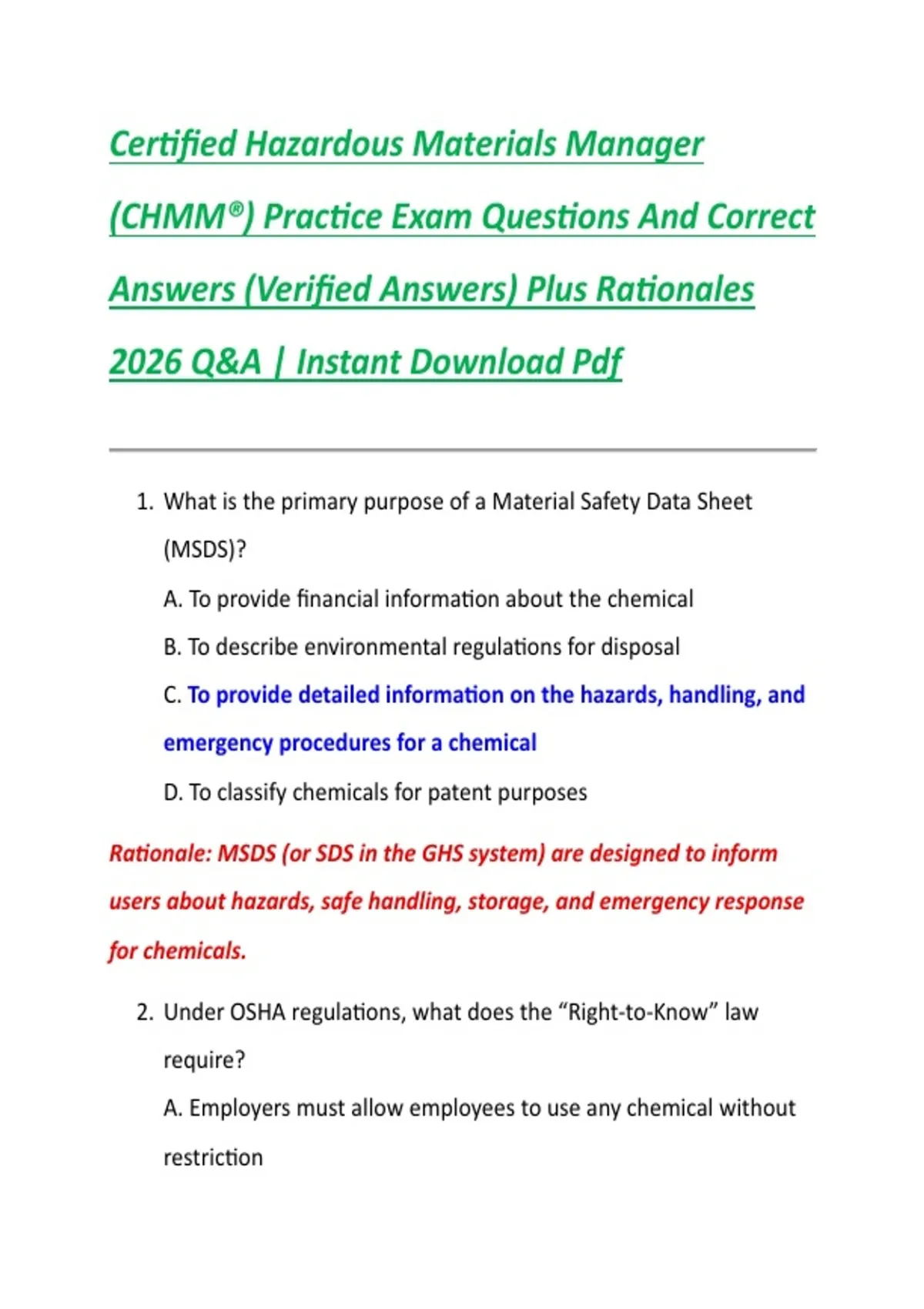 Certified Hazardous Materials Manager (CHMM®) Practice Exam Questions ...