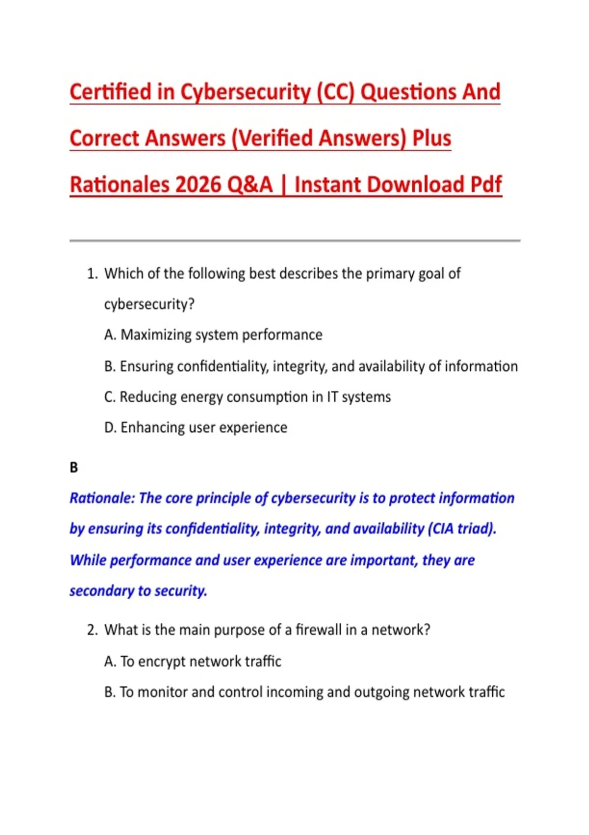 Certified in Cybersecurity (CC) Questions And Correct Answers (Verified ...