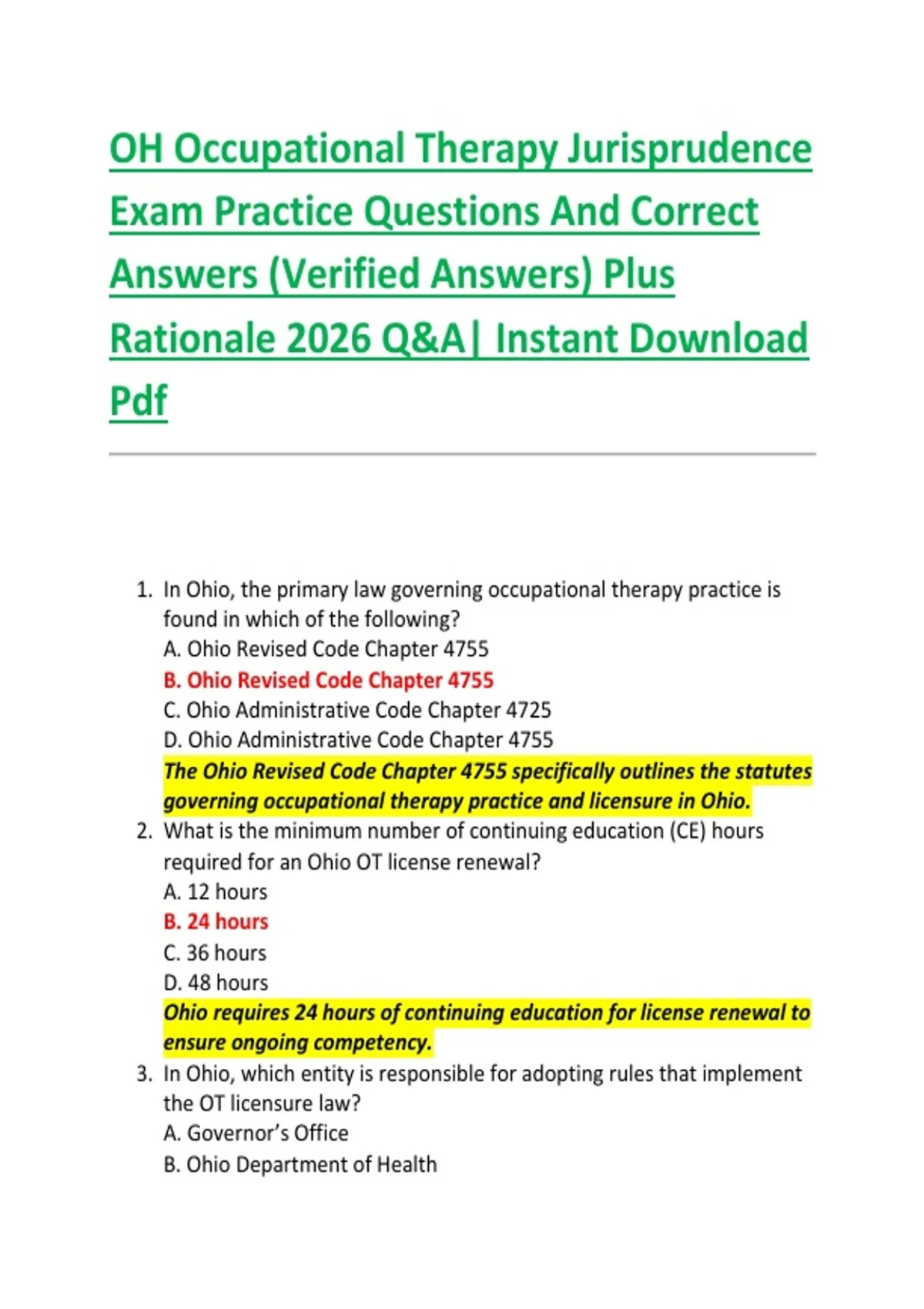 Occupational Rationale OH Occupational Therapy Jurisprudence Exam Practice Questions And ...