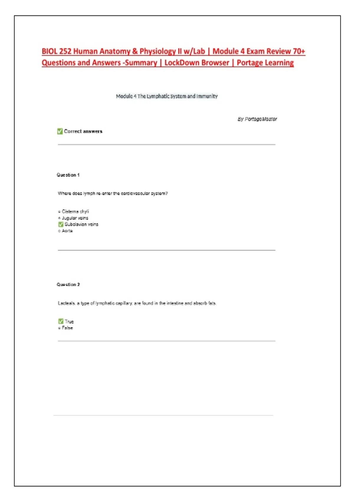 BIOL 252 Human Anatomy & Physiology II w/Lab | Module 4 Exam Review 70 ...