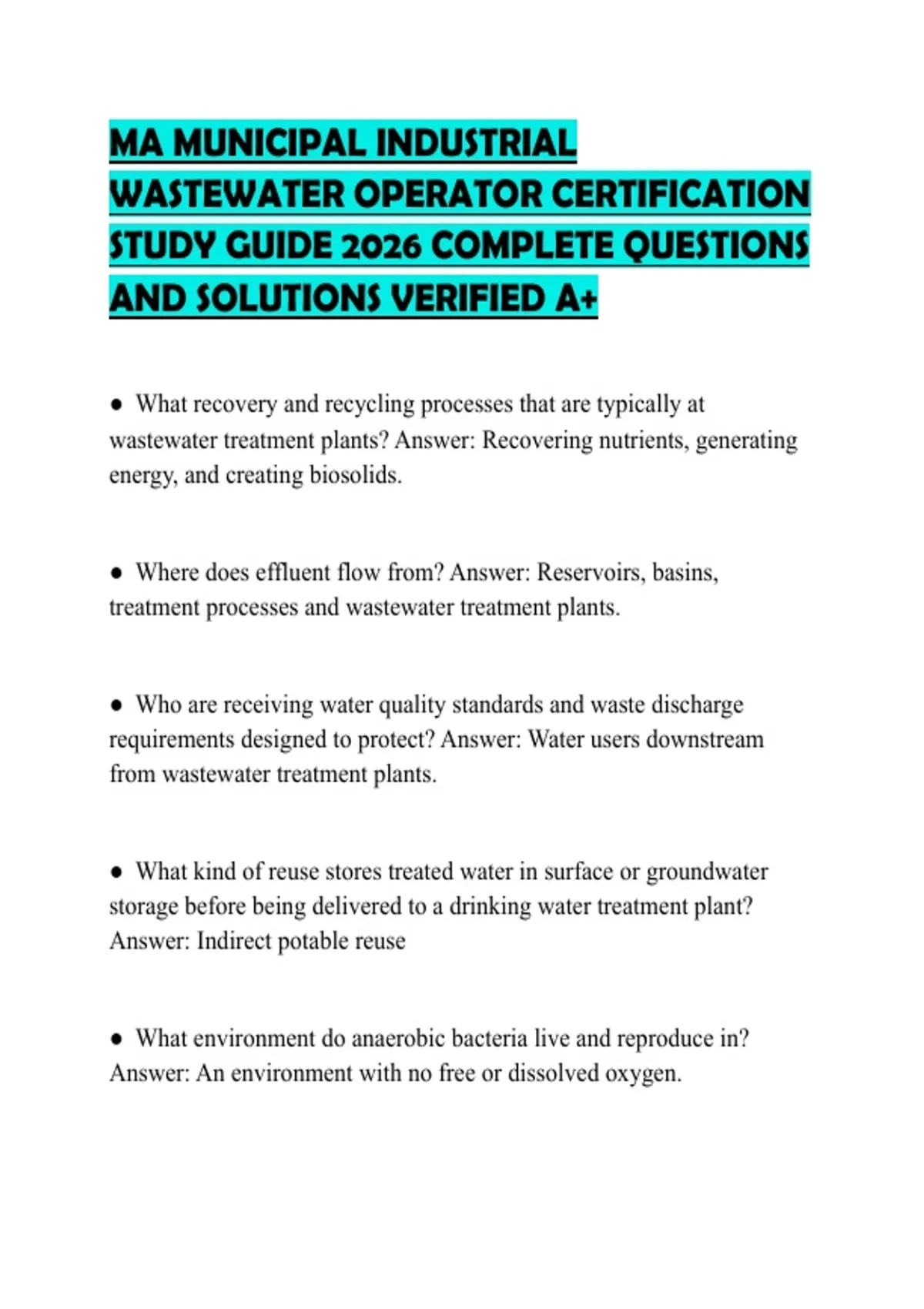 MA MUNICIPAL INDUSTRIAL WASTEWATER OPERATOR CERTIFICATION STUDY GUIDE ...