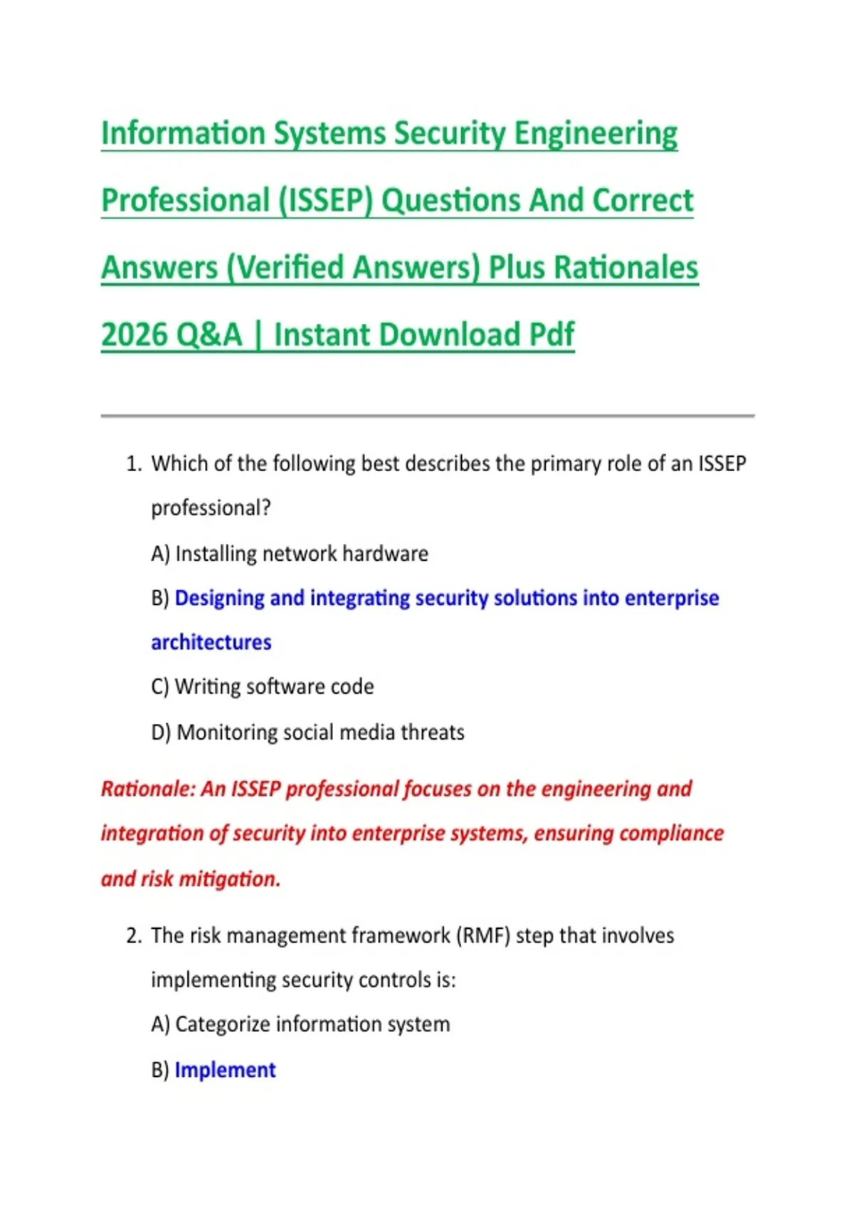 Information Systems Security Engineering Professional (ISSEP) Questions ...