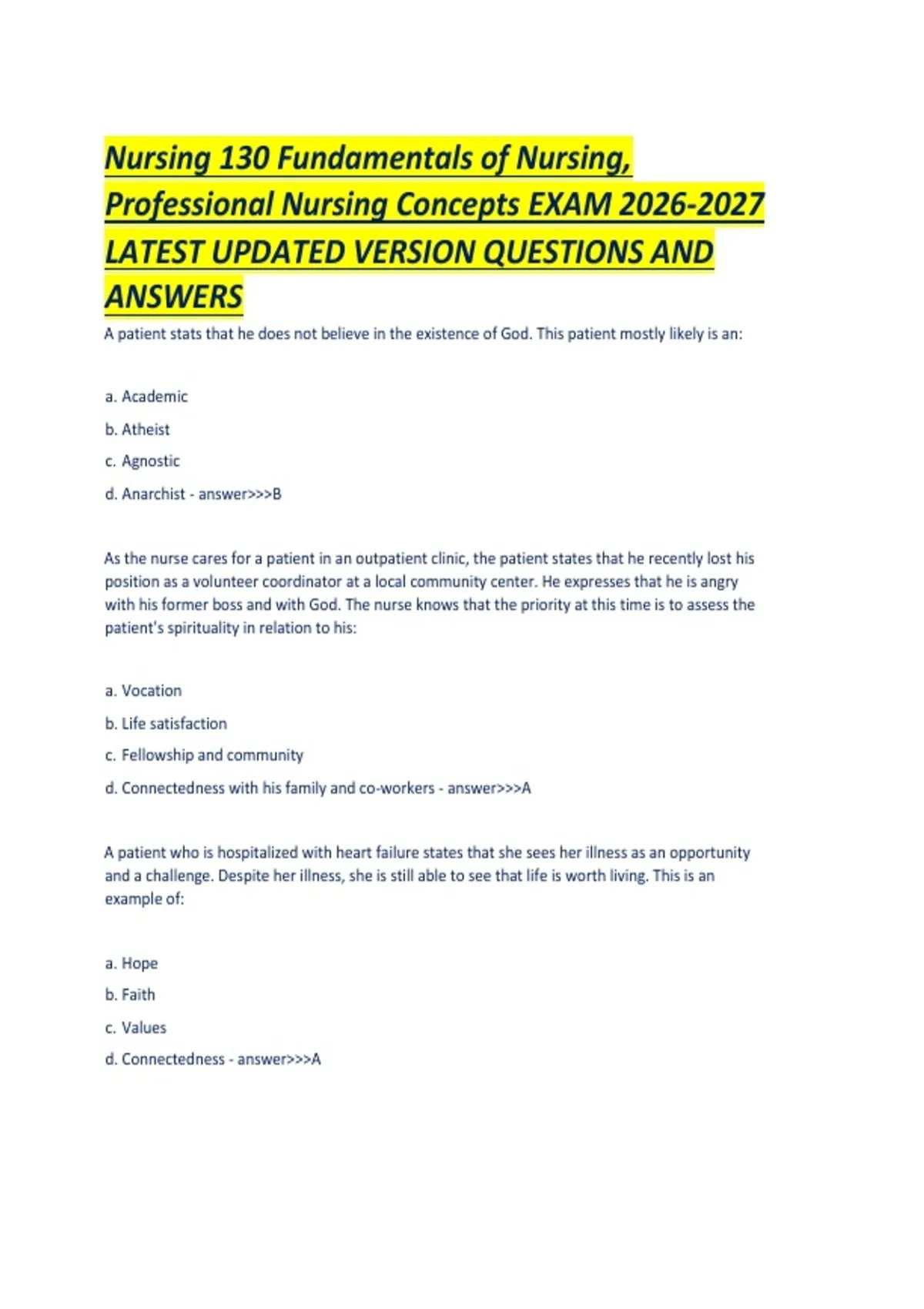 Nursing 130 Fundamentals of Nursing, Professional Nursing Concepts EXAM ...